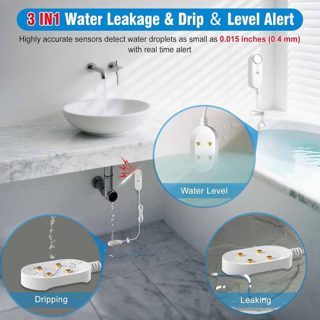Daytech Water Leak Detector with 3-in-1 Sensor | 100dB Alarm & Slim Probe Protection