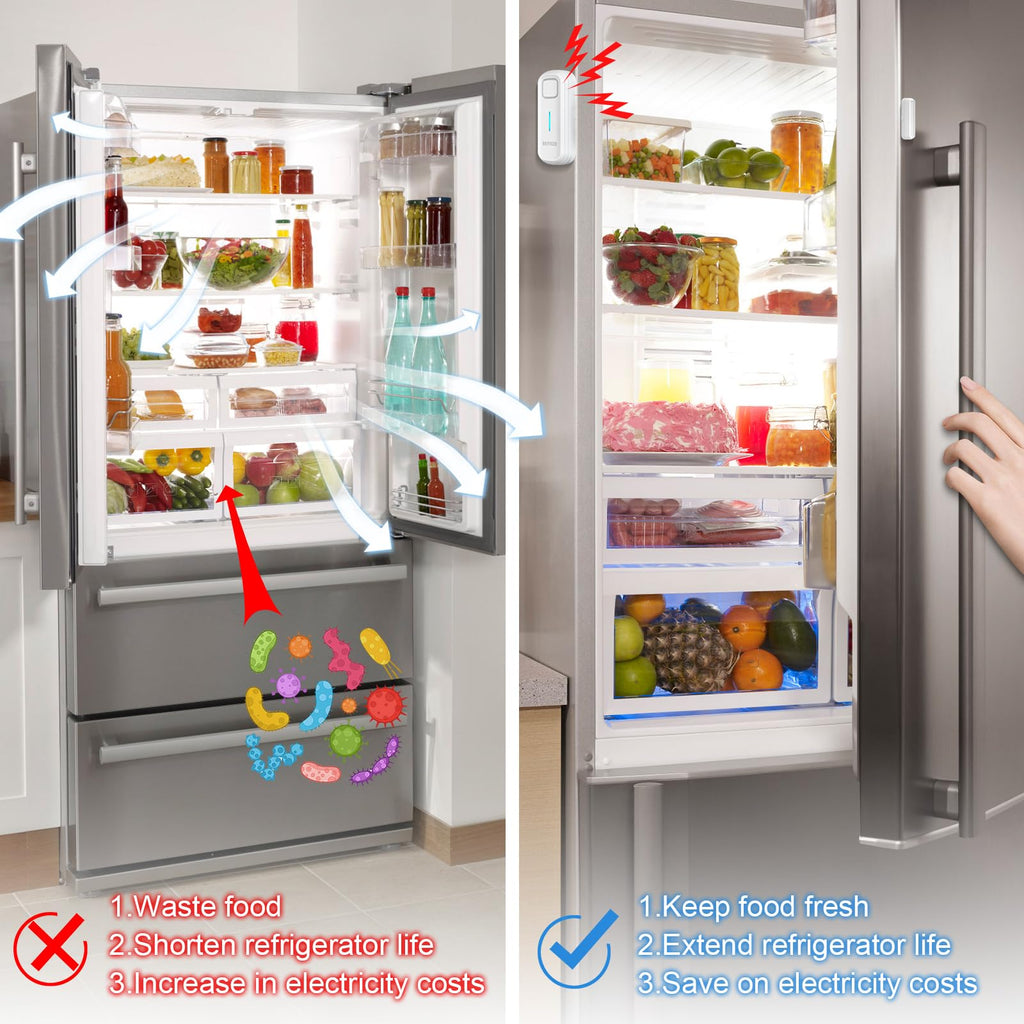Alarma de puerta de refrigerador DAYTECH con retardo de 1/2/3/4 minutos, recordatorio de cierre de ventanas ajustable de 0 a 120 dB, blanco y gris