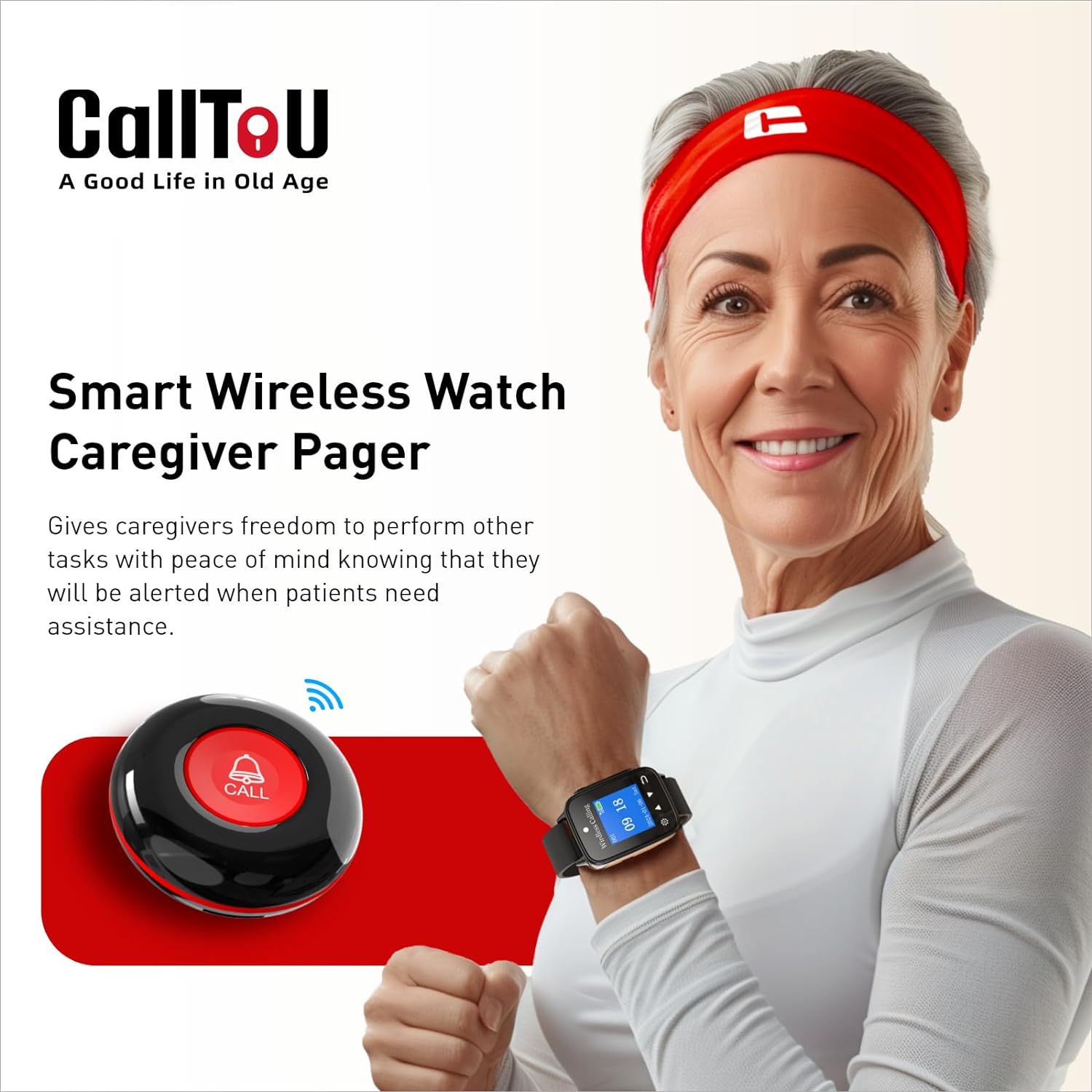 Ensure elderly safety with CallToU's 1000+ft range nurse alert button system. IP67 waterproof smart watch and 2 SOS panic buttons included(复制) CallToU