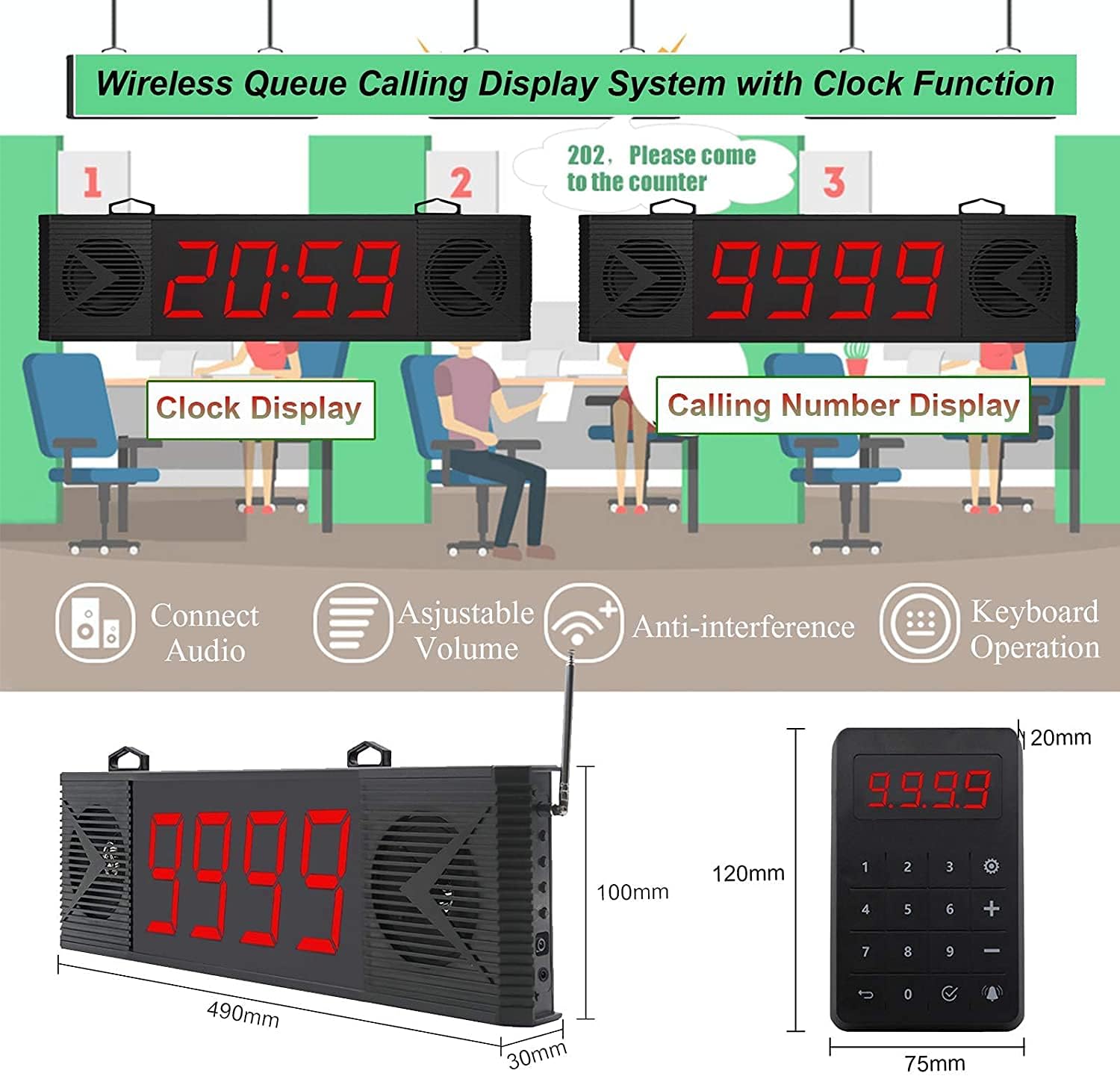 ChunHee Queue Management System Wireless Calling System Take A Number System, Loud Speakers, 4-Digit Number Display & Clock Display, Voice Broadcast for Hospital,Business,Restaurant,Bank CallToU