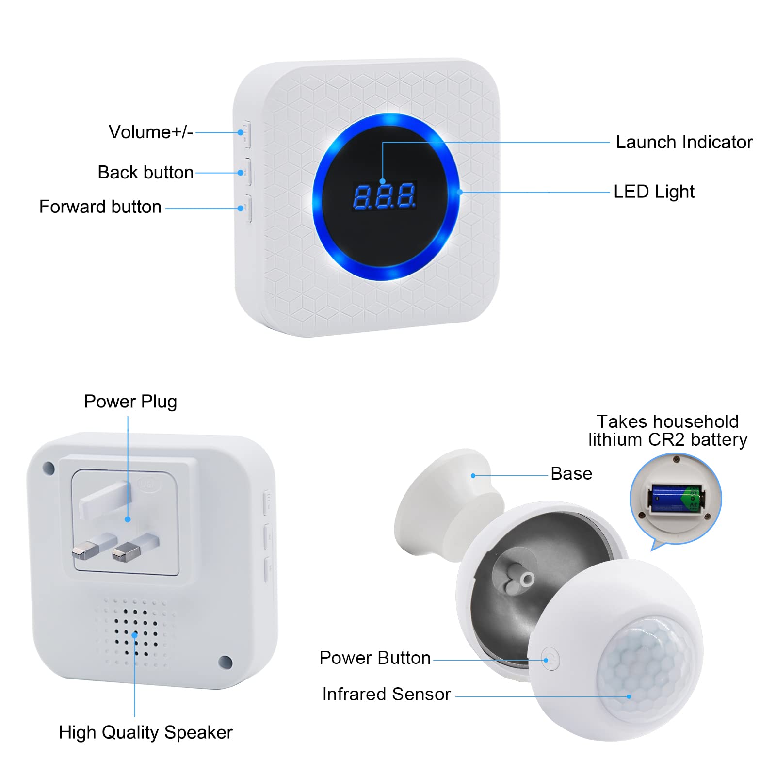 DAYTECH Alarme de détection de mouvement sans fil pour intérieur/soignant pour personnes âgées/alarme d'entrée de mouvement/alarme de mouvement pour la maison 1 capteur de mouvement à batterie + 1 récepteur enfichable
