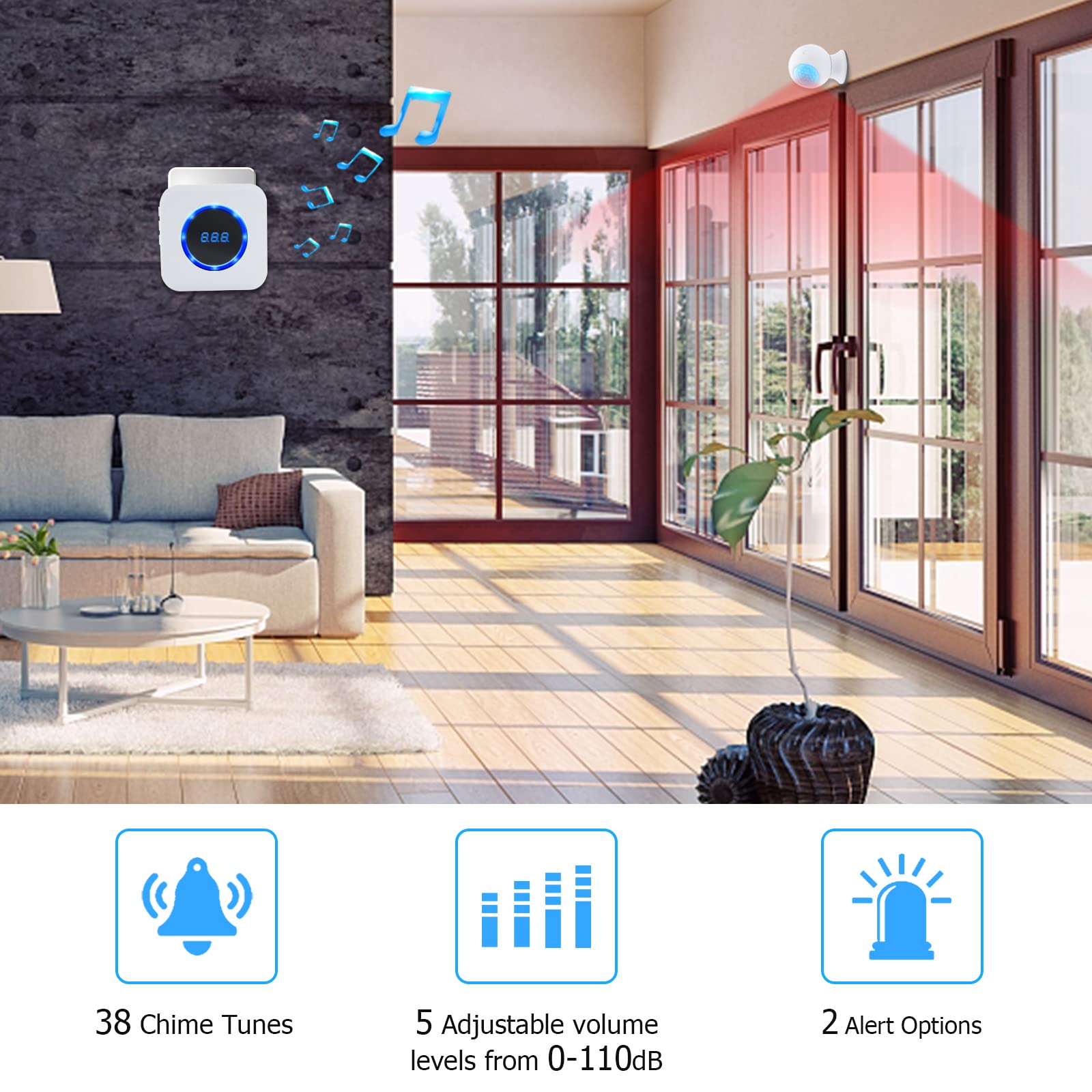 DAYTECH Alarme de détection de mouvement sans fil pour intérieur/soignant pour personnes âgées/alarme d'entrée de mouvement/alarme de mouvement pour la maison 1 capteur de mouvement à batterie + 1 récepteur enfichable