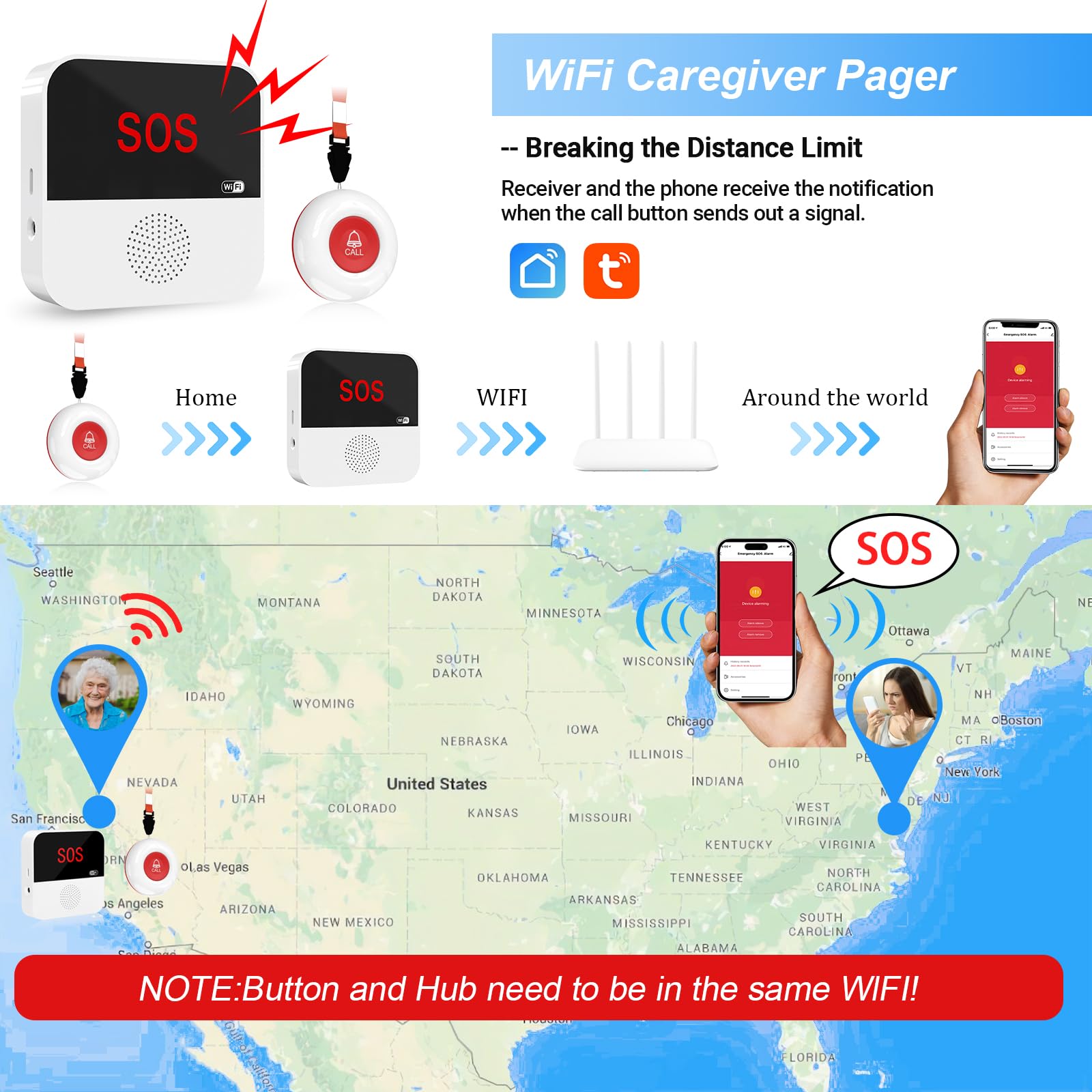 Rechargeable Smart Wireless Caregiver Pager Call Button System - Nurse Alert System for Elderly, Seniors, Disabled Individuals, and Kids with SOS Panic Buttons and Receiver