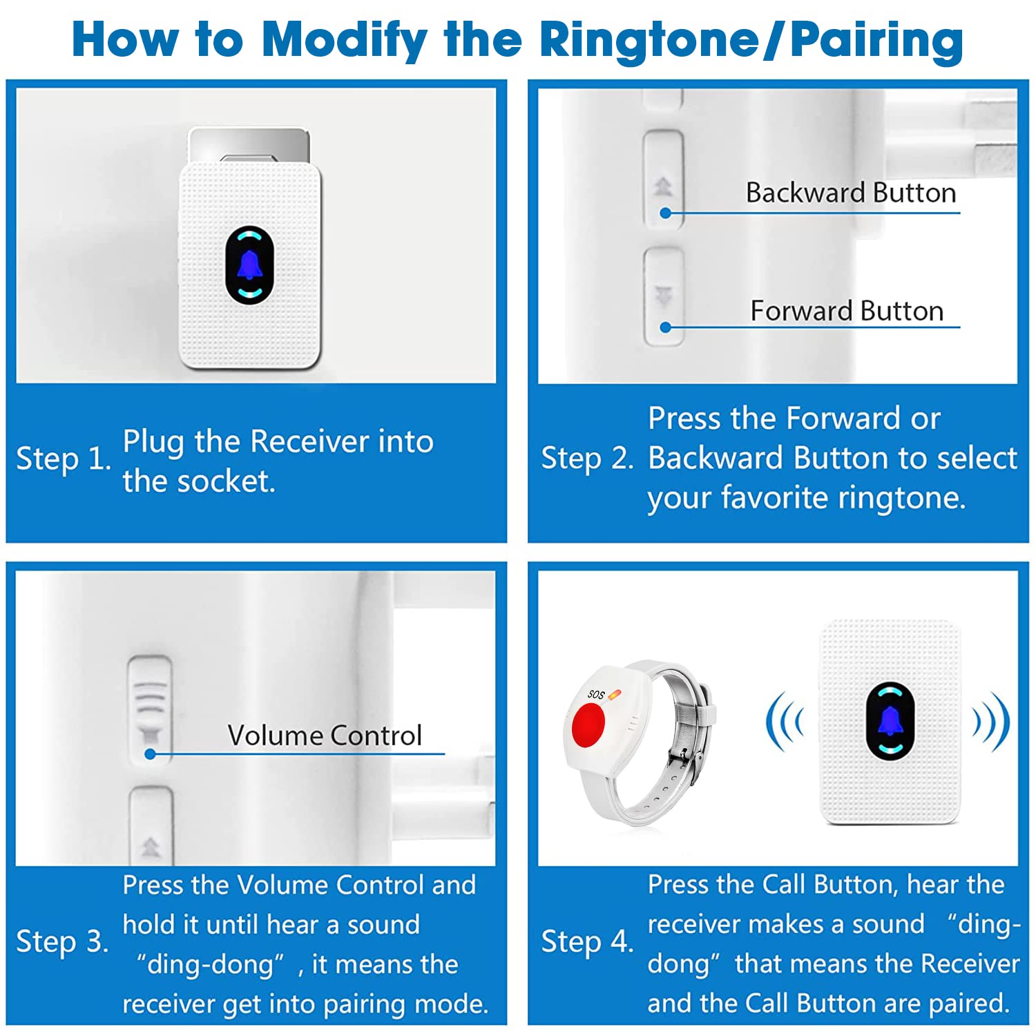 CallToU Wireless Caregiver Pager System Call Button Nurse Alert for Elderly Alert System for Seniors Disabled Patient CallToU