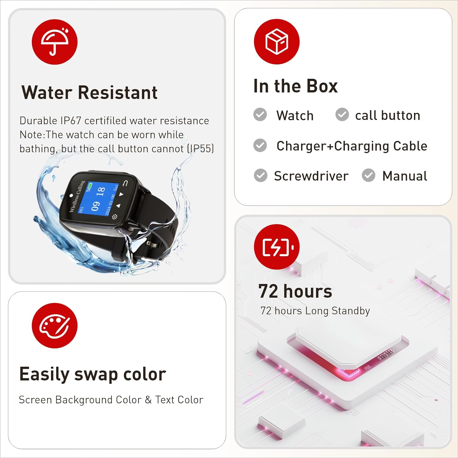 Ensure elderly safety with CallToU's 1000+ft range nurse alert button system. IP67 waterproof smart watch and 2 SOS panic buttons included(复制) CallToU