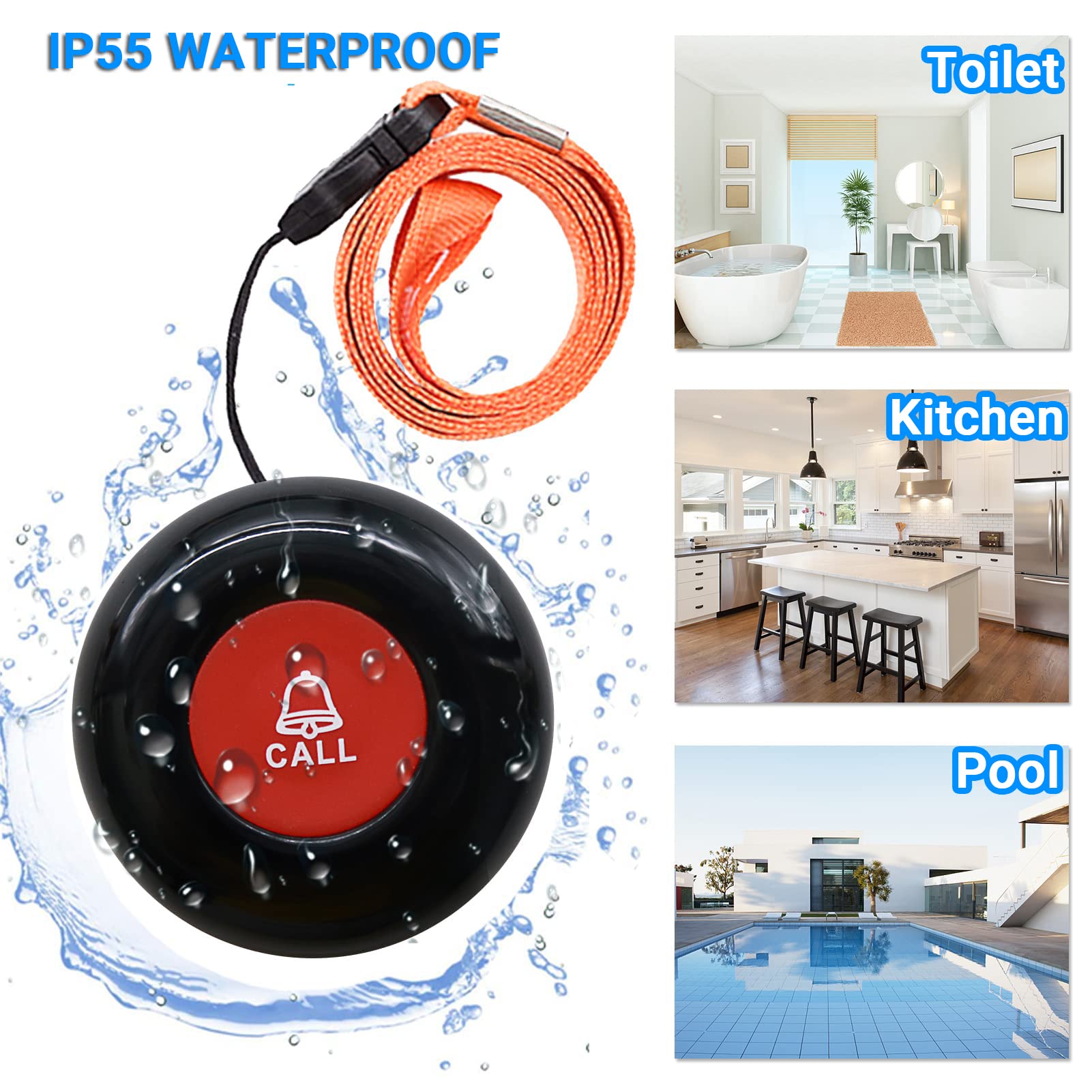 CallToU Wireless Call Buttons Waterproof 500+ Feet Operating Range for Elderly/Patient/Disable(Need to Be Paired with Receiver to Work) CallToU