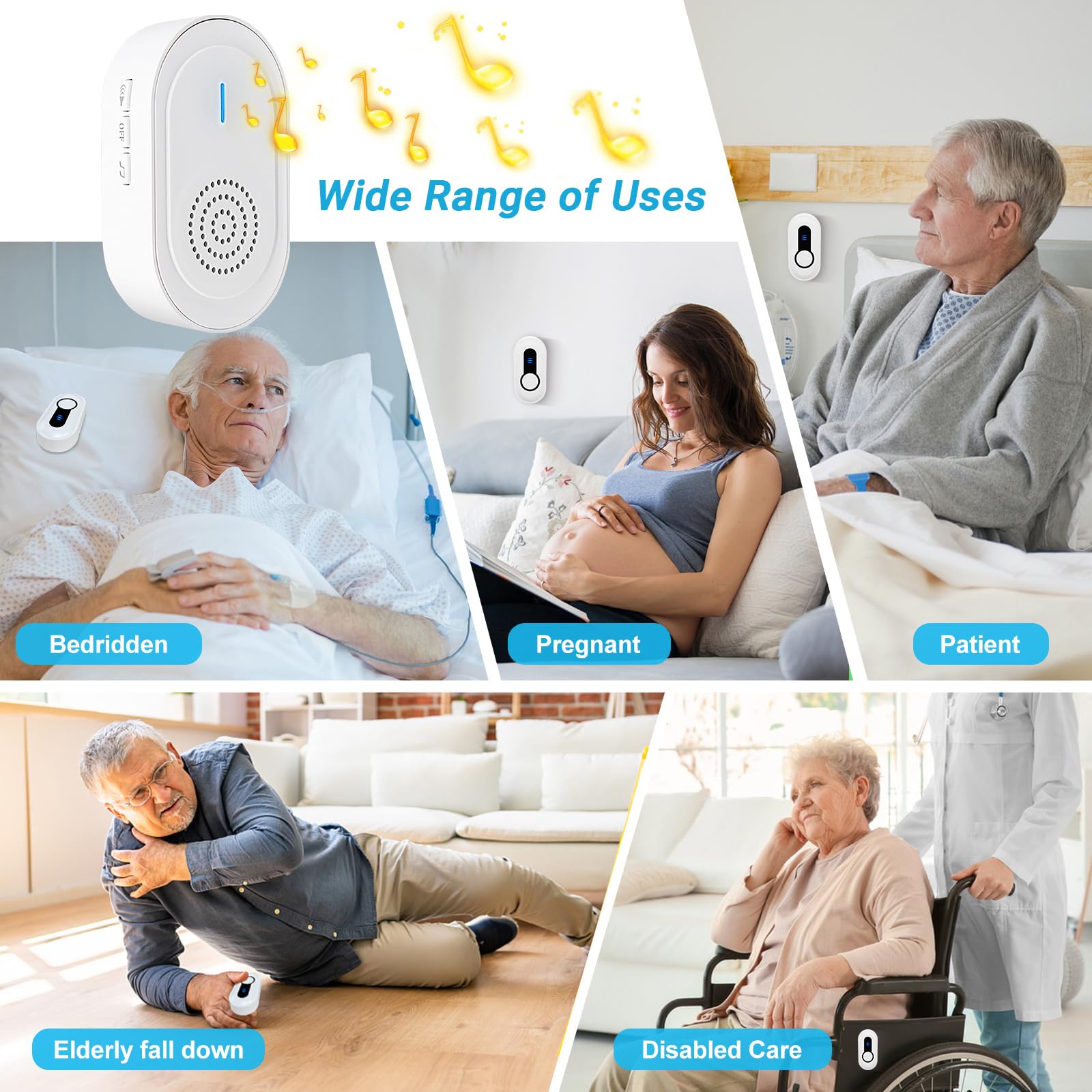 Daytech Téléavertisseur sans fil pour soignants et système de bouton d'appel d'urgence - Rechargeable, portable et extensible avec une portée de 1 000 pieds