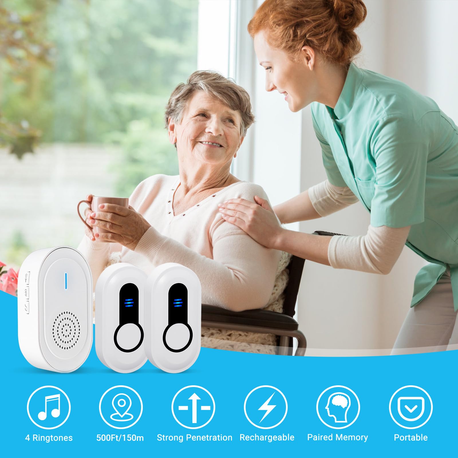 Daytech Téléavertisseur sans fil pour soignants et système de bouton d'appel d'urgence - Rechargeable, portable et extensible avec une portée de 1 000 pieds