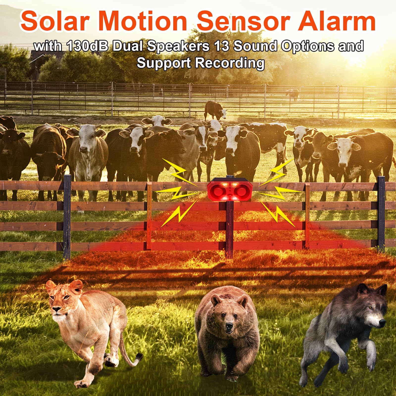 Alarma con sensor de movimiento solar Daytech: 13 sonidos grabables, altavoces duales de 130 dB para seguridad en exteriores
