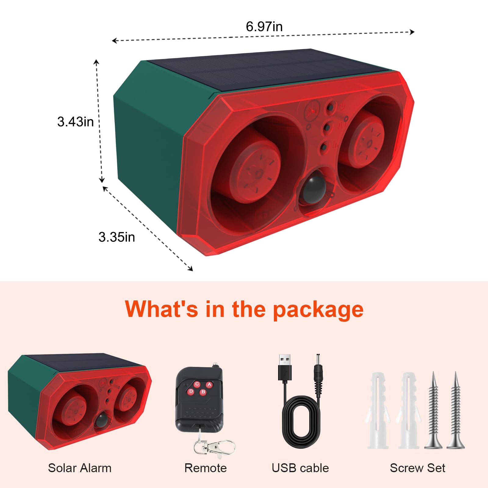 Alarma con sensor de movimiento solar Daytech: 13 sonidos grabables, altavoces duales de 130 dB para seguridad en exteriores
