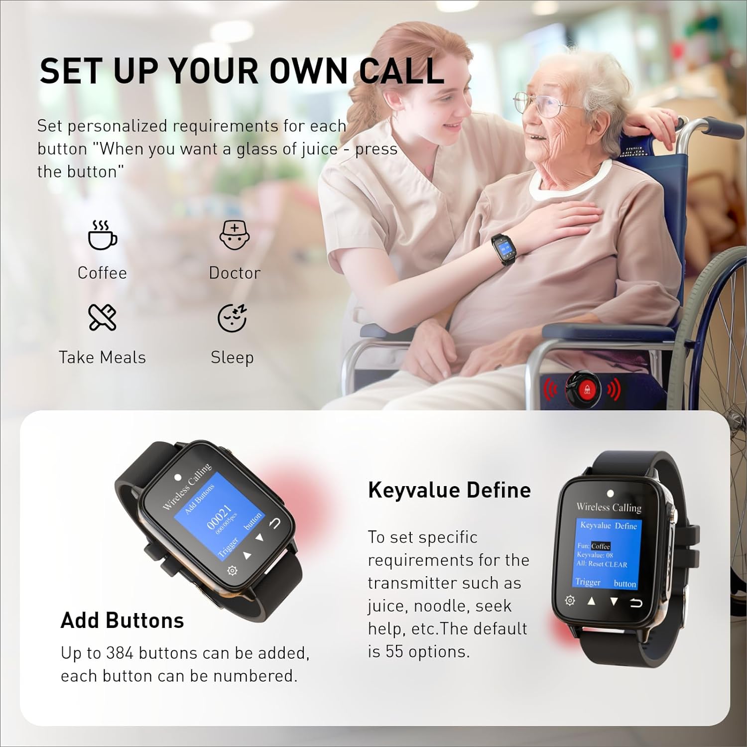 Ensure elderly safety with CallToU's 1000+ft range nurse alert button system. IP67 waterproof smart watch and 2 SOS panic buttons included(复制) CallToU