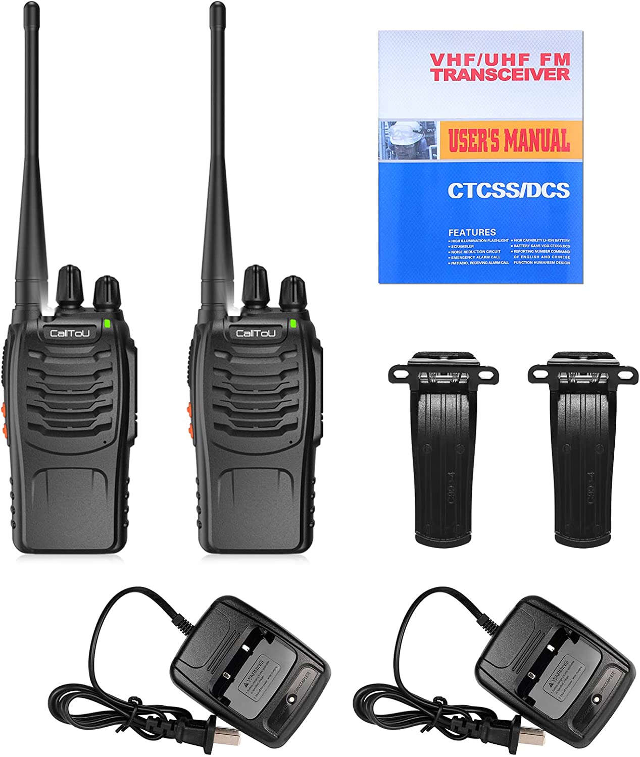 CallToU Walkie Talkies Long Range for Adults, Portable FRS Two-Way Radios, Police Scanner with 16 Channels, LED Flashlight, USB Charger 2 Pack CallToU