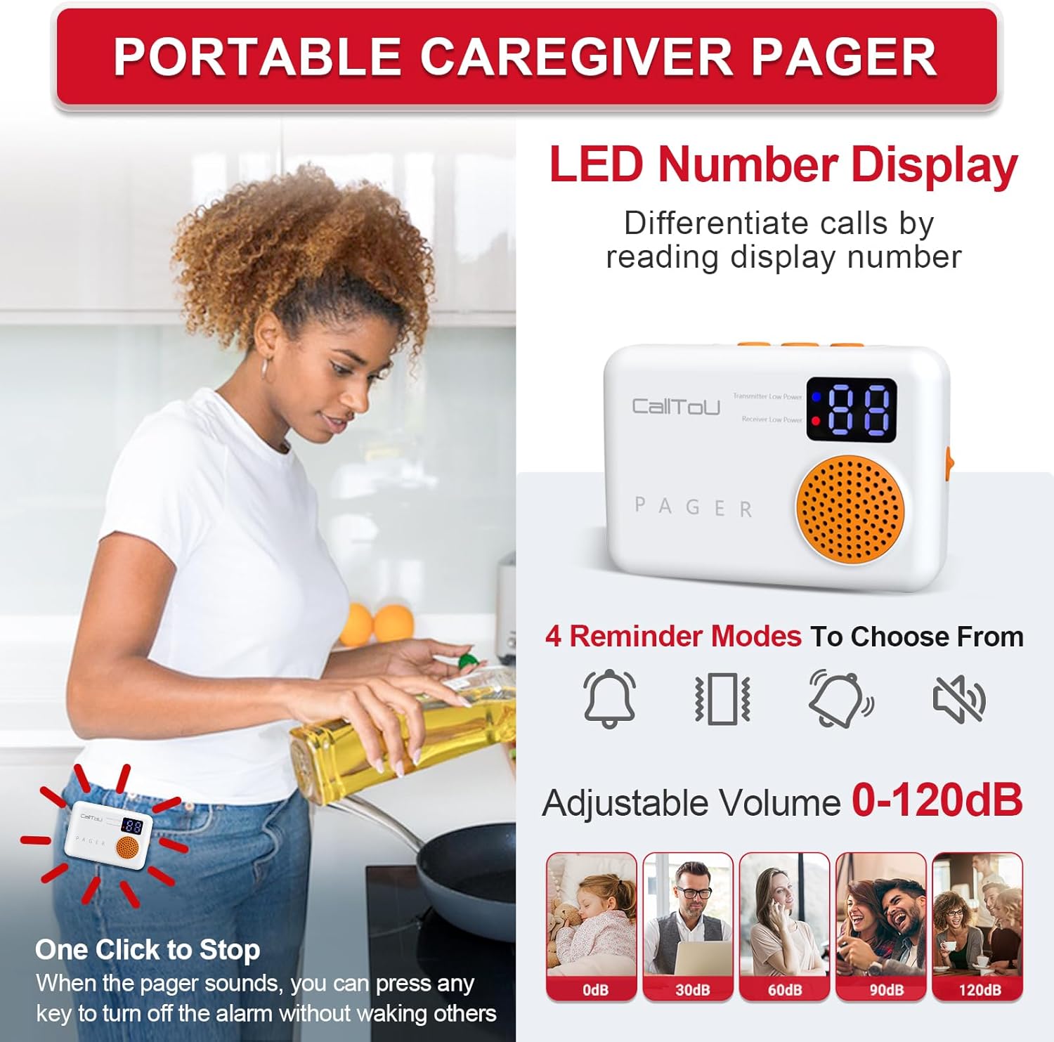 CallToU Bed Alarm and Fall Prevention for Elderly/Dementia/Patients Wireless Caregiver Pager Motion Sensor Detector Alert Bed Alarm for Elderly Adults with Vibration Digital Display Low Battery Remind CallToU