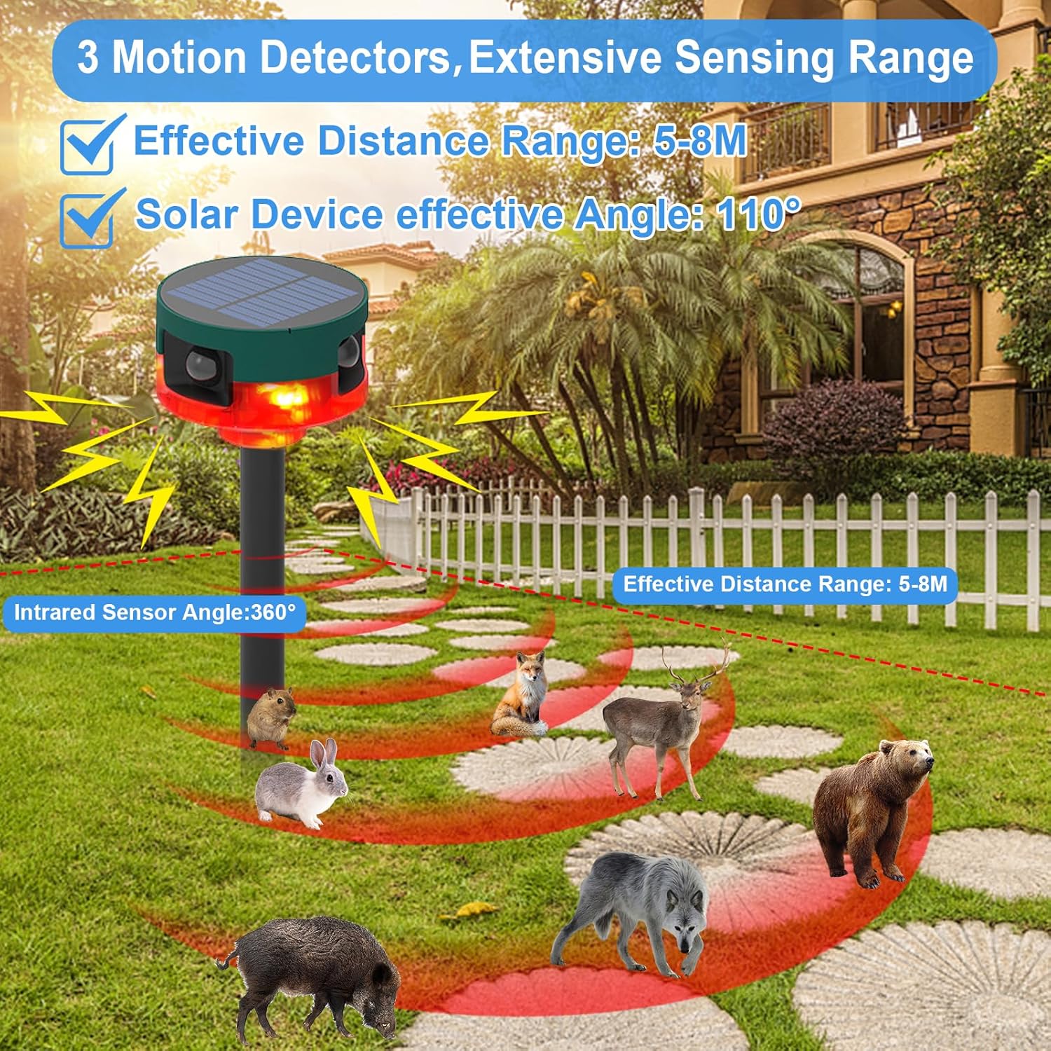 ChunHee Solar Motion Sensor Alarm Outdoor, Dog Barking & Gunshot Sounds & Recording, 360°Motion Detector Alarm,129dB Loud Siren,3 Work Modes Activated Strobe Light with Remote 4Pack CallToU