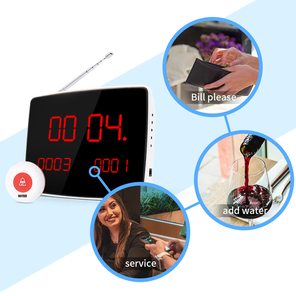 Revolucione su servicio con el sistema de llamada para restaurantes Daytech: buscapersonas con alcance de 500 m, 1 pantalla y 5 botones de llamada, perfecto para restaurantes, cafeterías, hospitales y residencias de ancianos.