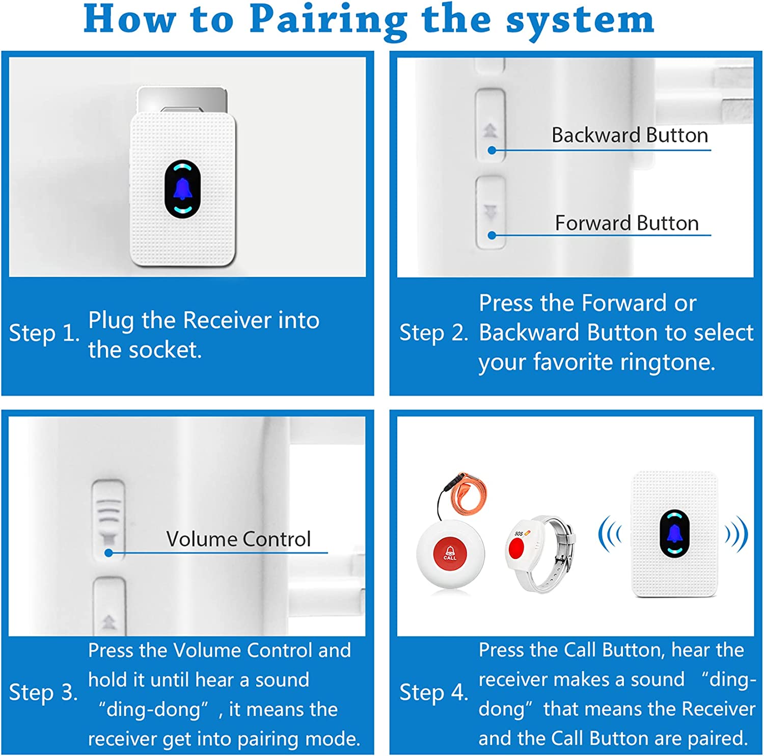 Daytech Caregiver Pager Call Button for Elderly Caregiver Paging System Home Alert Pager for Seniors Patient Nurse Help Button CallToU