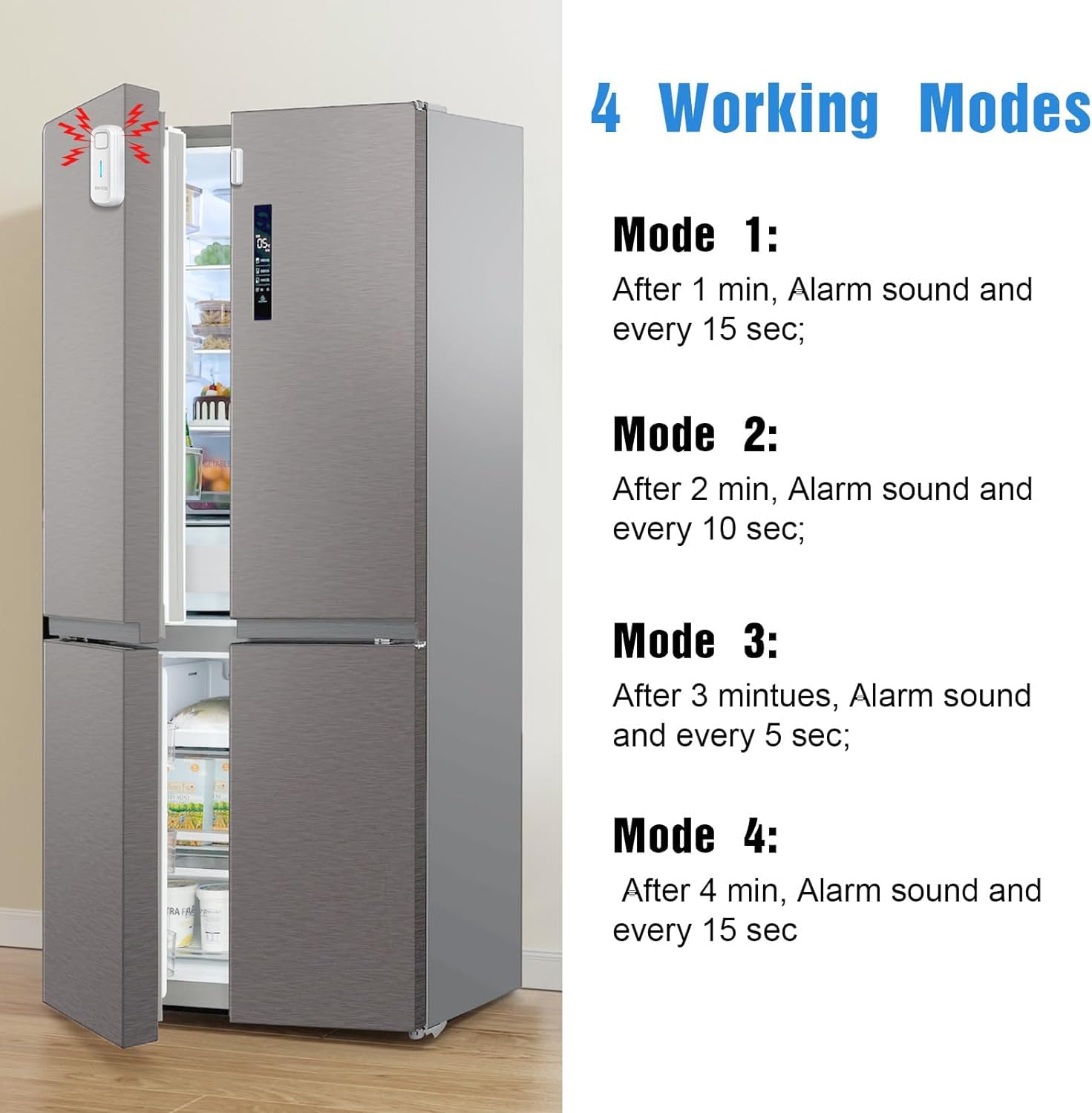 DAYTECH Freezer Door Alarm with Delay 1/2/3/4 mins When Left Open Window Chime Close Doors Reminder Refrigerator Door Alarm 0 to 120 dB for Fridge Home Store Office 2 Sets White