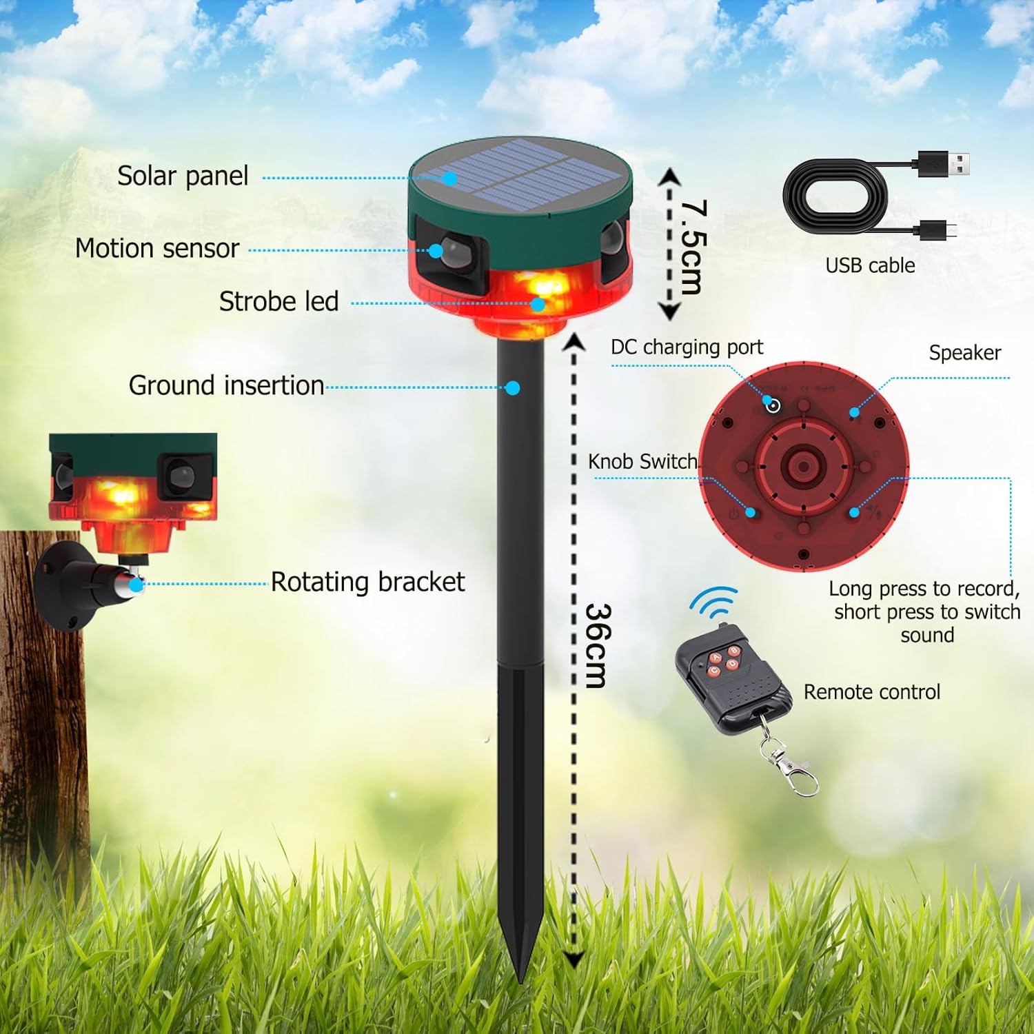 ChunHee Solar Motion Sensor Alarm Outdoor, Dog Barking & Gunshot Sounds & Recording, 360°Motion Detector Alarm,129dB Loud Siren,3 Work Modes Activated Strobe Light with Remote 4Pack CallToU
