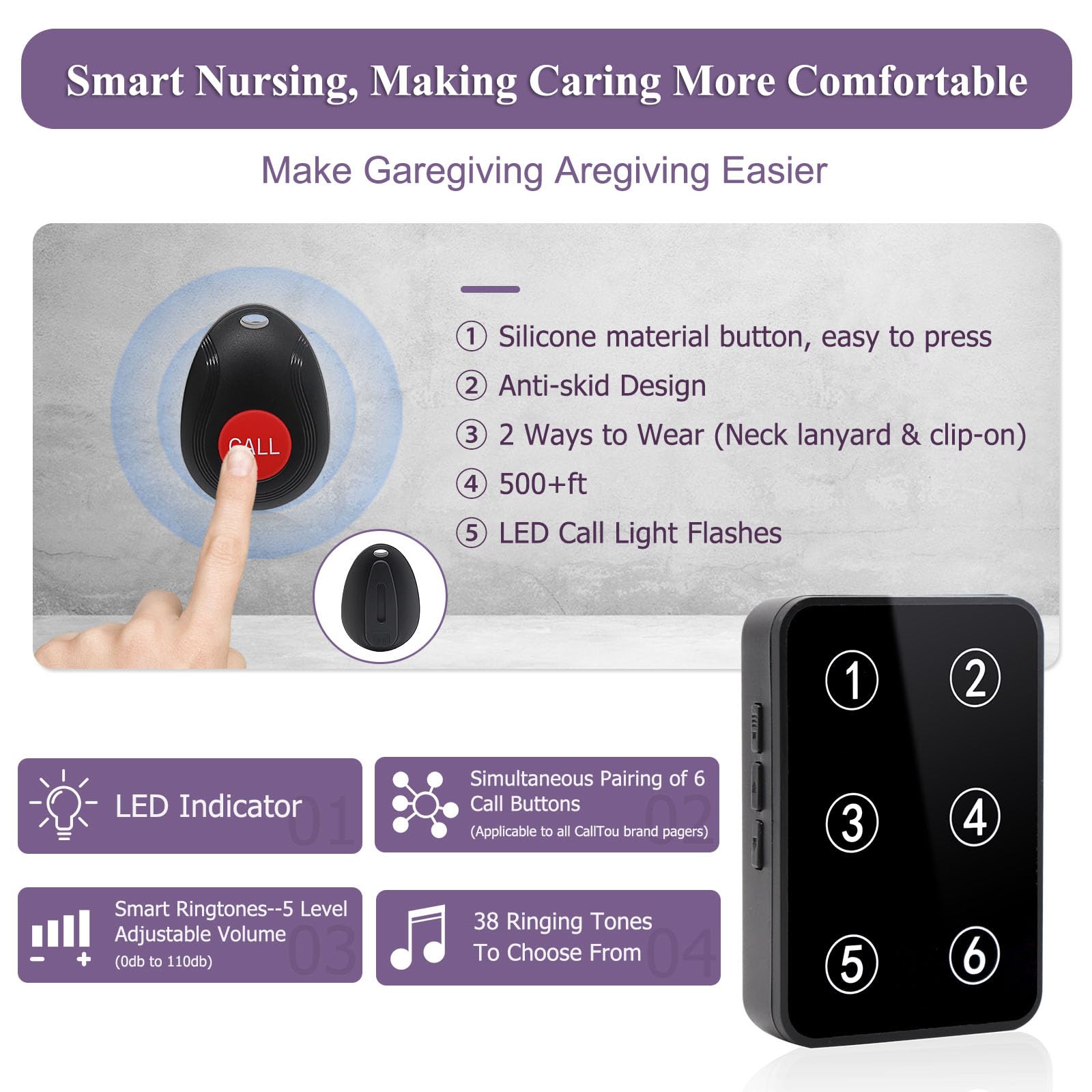 Daytech Wireless Caregiver Monitors Pager Call Button for Elderly Nurse Call System Call Bell with LED Number Display 500+ft