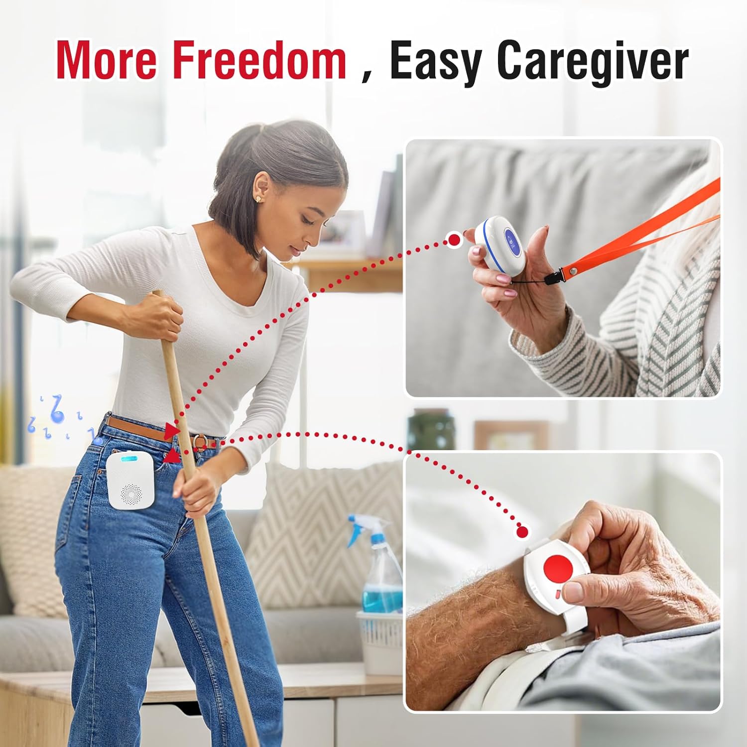 CallToU Caregiver Pager Wireless Call Buttons for Elderly Monitoring Portable Call Bell with 2 Panic Button and 1 USB Receiver,500ft Range Nurse Alert System for Home Care Seniors (FCC Certified) CallToU
