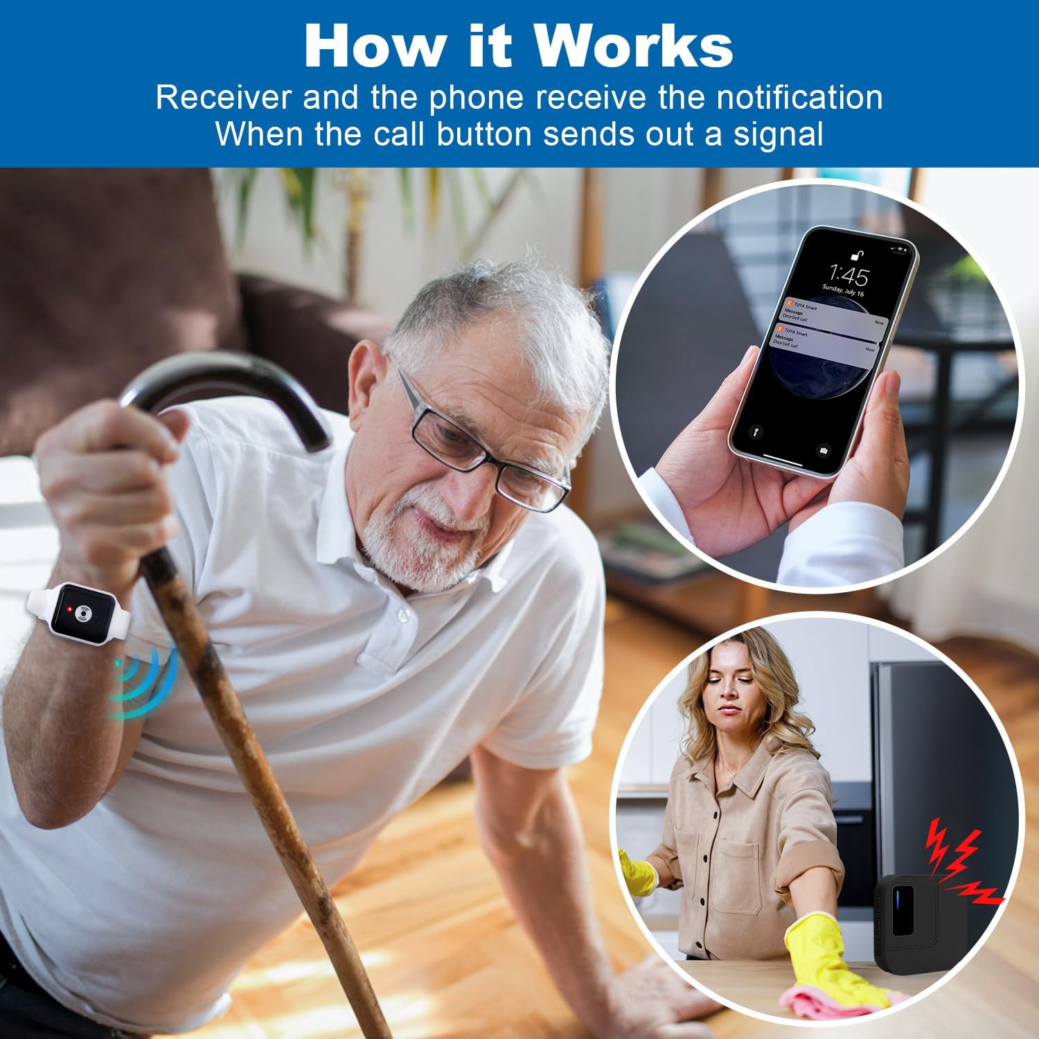 CallTou Smart Wrist Alarm for Elderly – Wireless SOS Panic Button with Tuya WiFi, Rechargeable Call Button & Phone Alerts(复制) CallToU