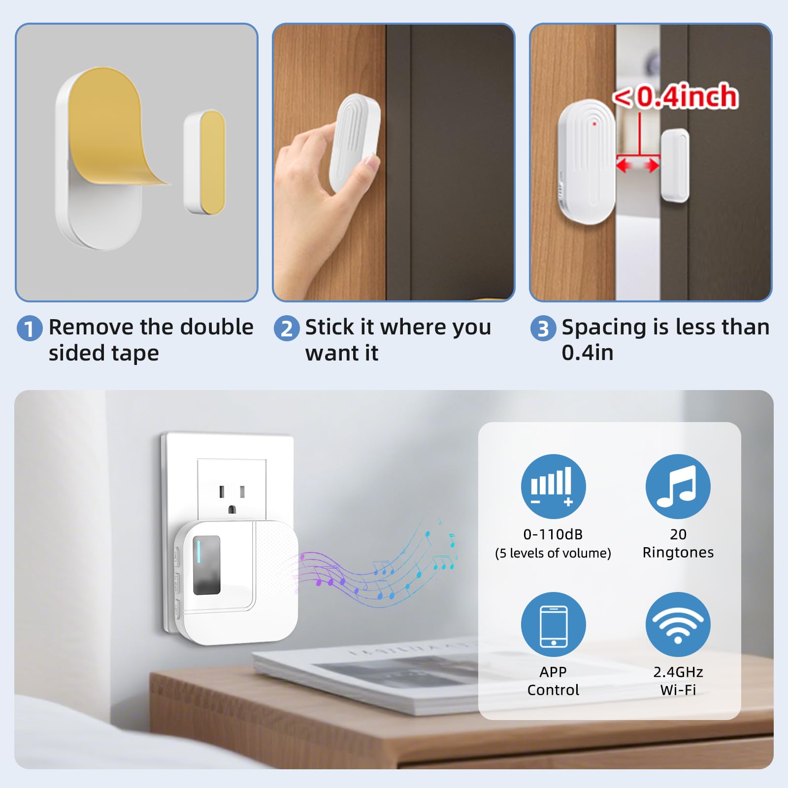 Daytech Door Chime WiFi Door Sensor Open Chime When Entering Alert Your Phone,Alarms for Kids Safety 500 FT Range 20 Ringtones