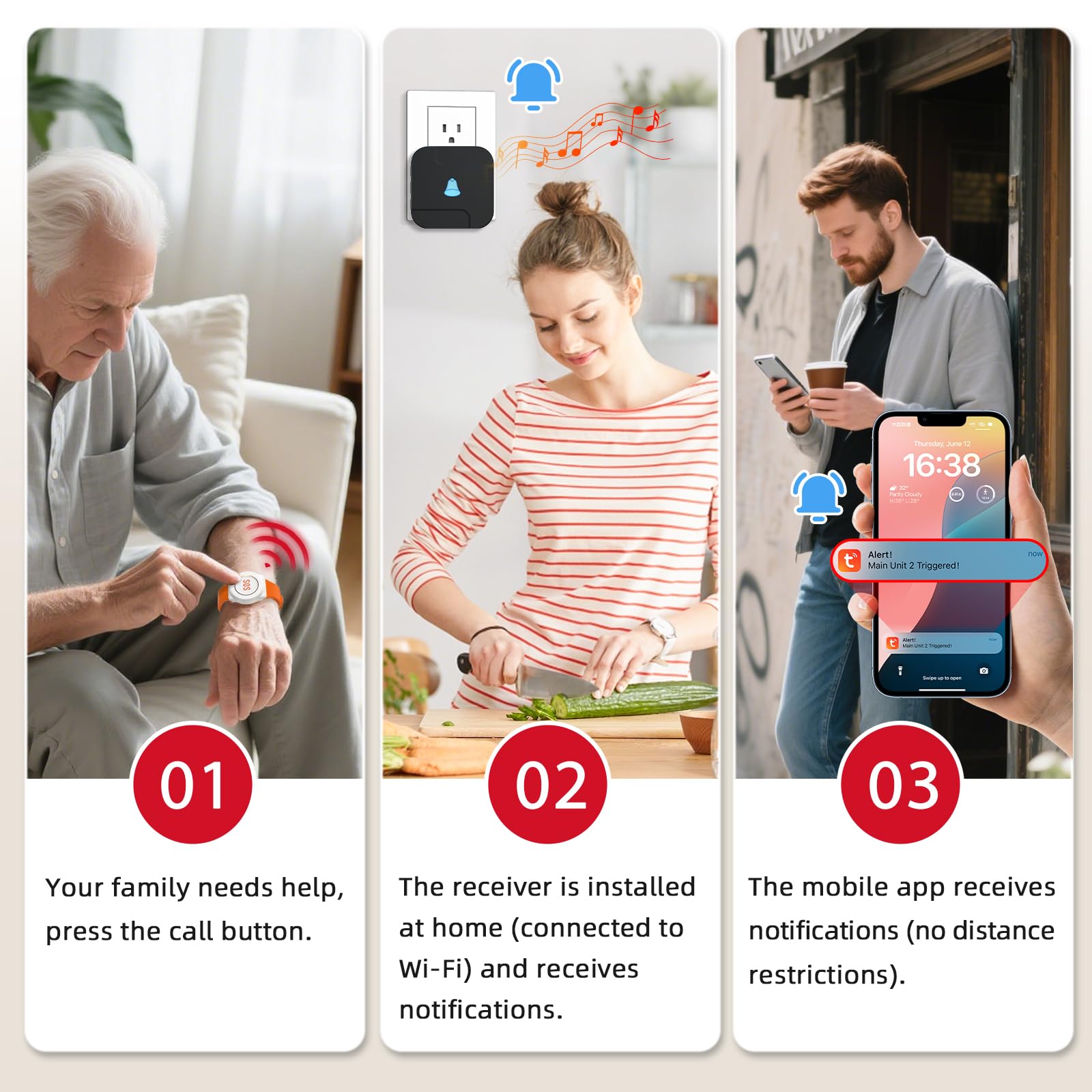 Dayetch WiFi Wireless Caregiver Pager with APP Remote Alerts, SOS Call Button for Elderly & Seniors at Home