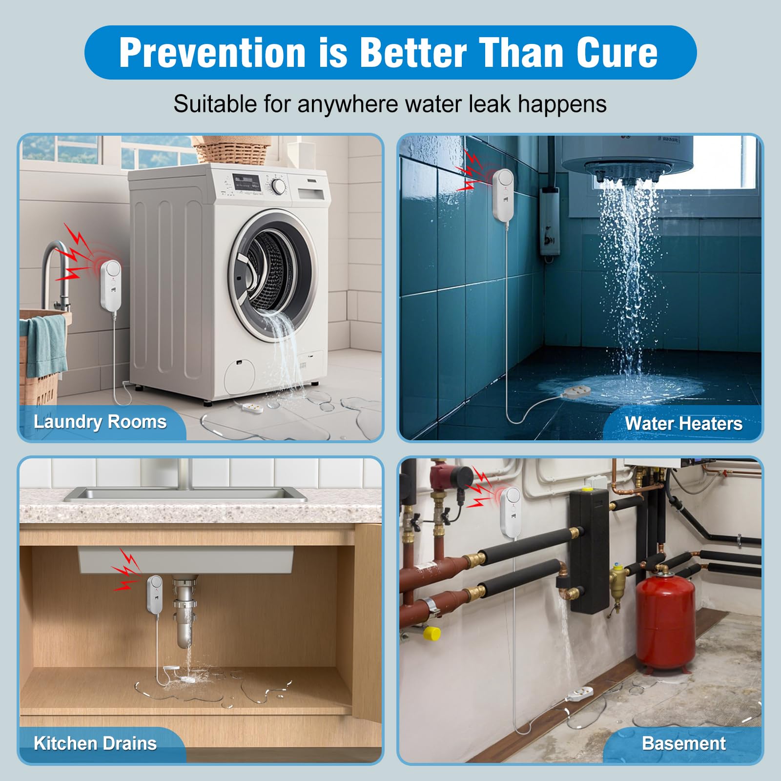 Daytech Stop costly leaks fast! This 100dB water sensor detects drips, floods & seepage. Easy setup with 6.5ft cable. Ideal for home, basement & appliances.