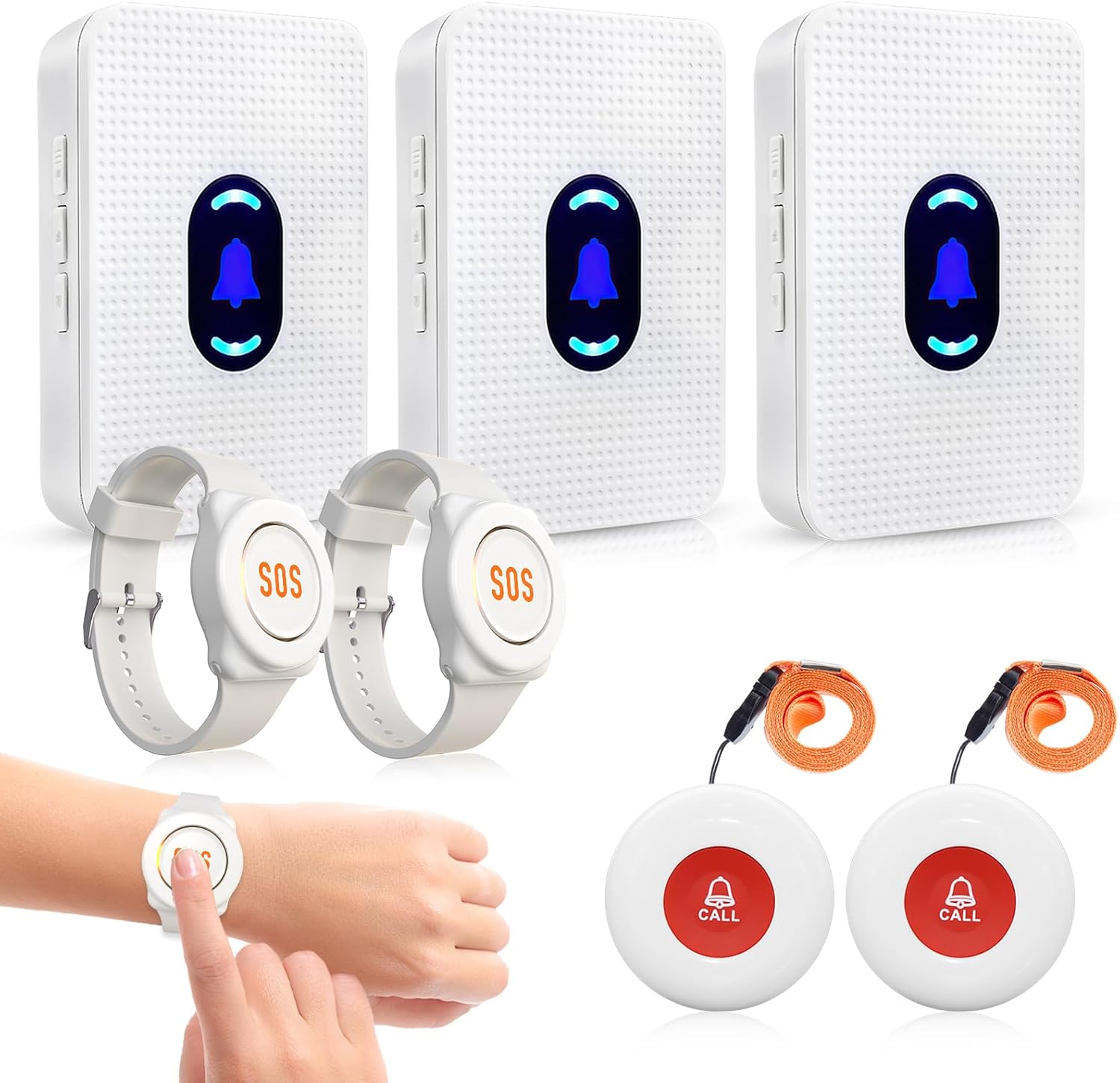CallTou Wireless Caregiver Pager Call Button Elderly Nurse Alert System for Elderly Monitoring/Seniors with 2 SOS Call Panic Buttons & 2 Watch Pagers, 500+Feet 3 Receivers