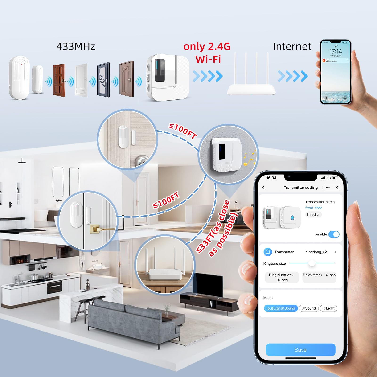 Daytech Door Chime WiFi Door Sensor Open Chime When Entering Alert Your Phone,Alarms for Kids Safety 500 FT Range 20 Ringtones