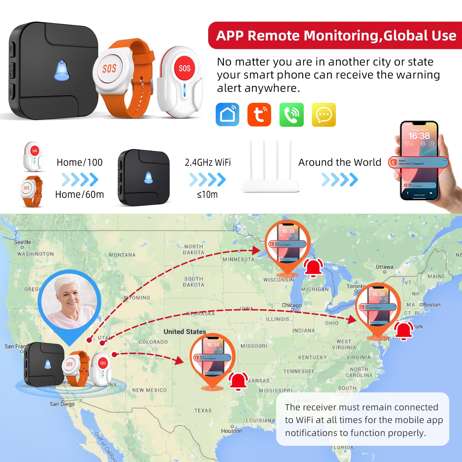 Dayetch WiFi Wireless Caregiver Pager with APP Remote Alerts, SOS Call Button for Elderly & Seniors at Home