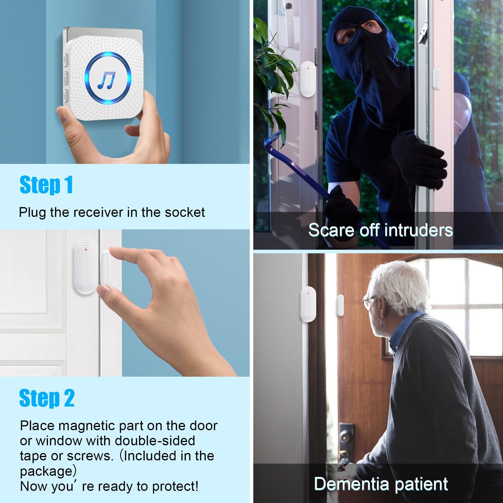Daytech Secure your home or business with this long-range wireless door alarm. 55 chimes, 5 volume levels, and LED alerts ensure you never miss a visitor or intruder!