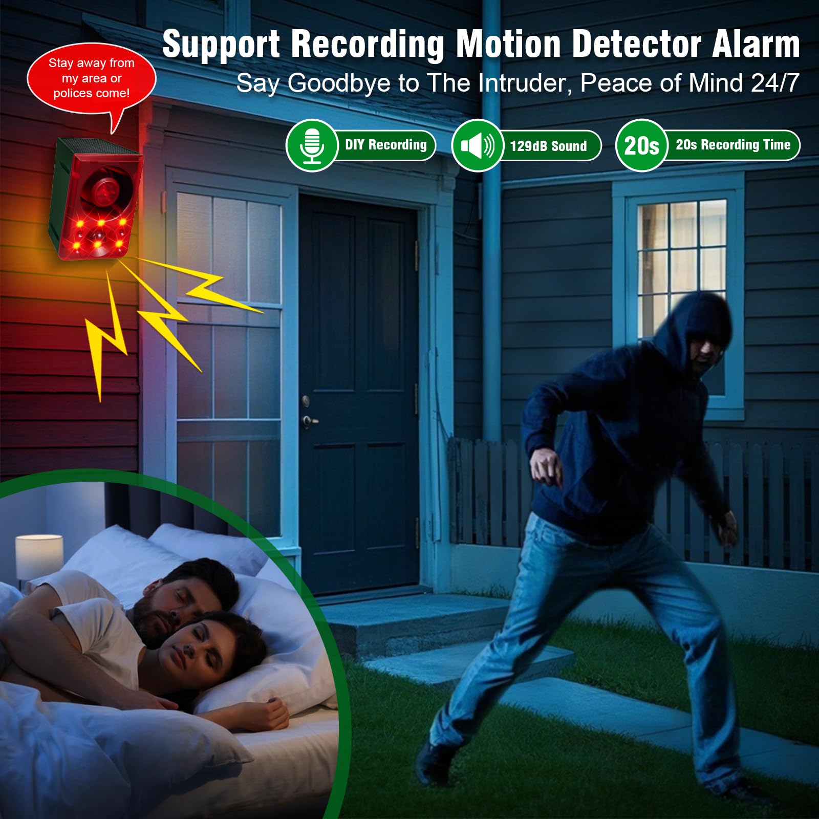 Daytech Motion Sensor Alarm with 130dB Siren & Flash – Keep Coyotes, Deer & Raccoons Away