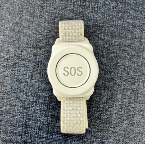 Daytech IP66 Waterproof watch button with adjustable nylon Velcro strap, CR2032 battery, and low power reminder. Comfortable, durable, and perfect for caregiver alerts.