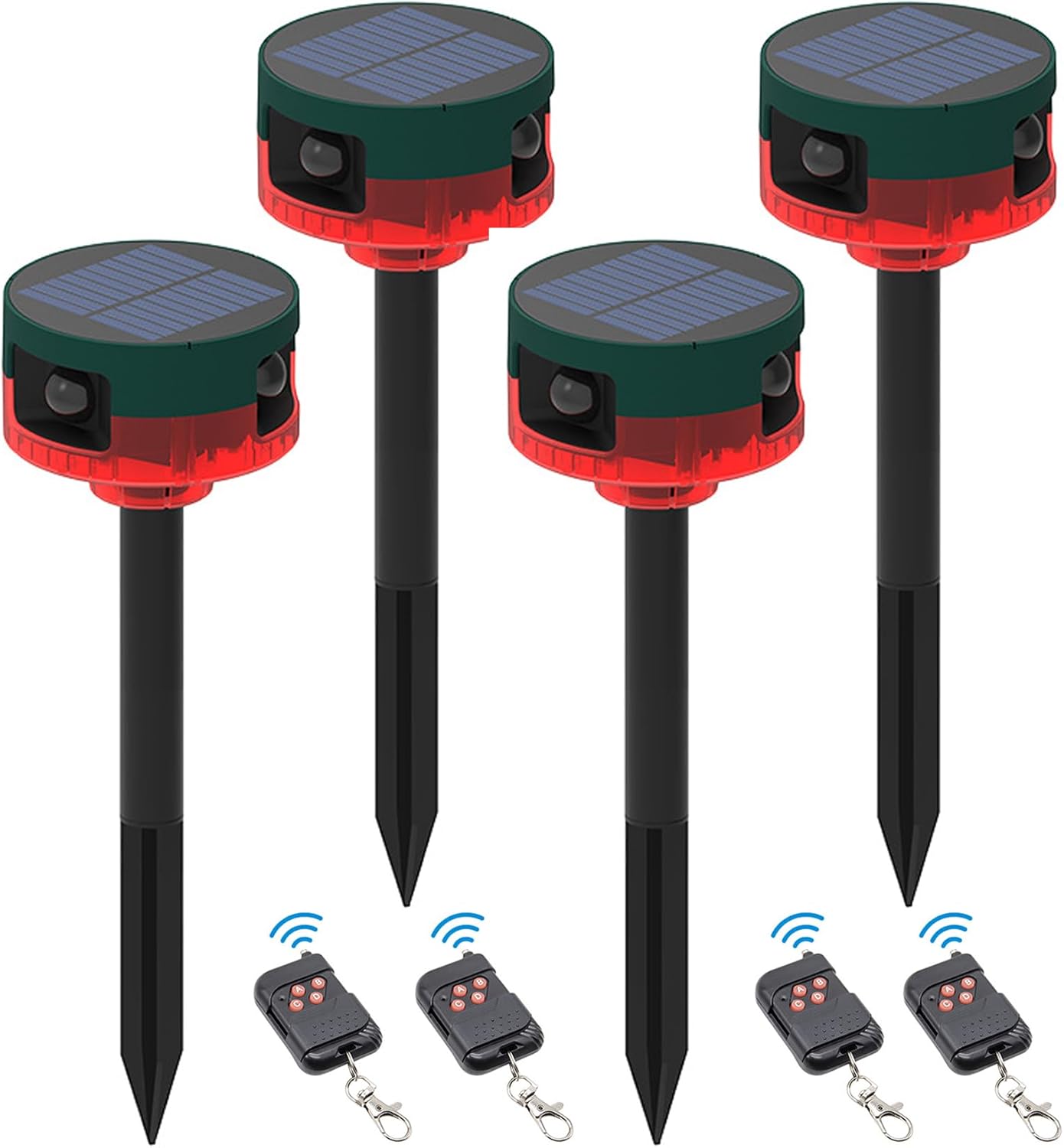 ChunHee Solar Motion Sensor Alarm Outdoor, Dog Barking & Gunshot Sounds & Recording, 360°Motion Detector Alarm,129dB Loud Siren,3 Work Modes Activated Strobe Light with Remote 4Pack CallToU