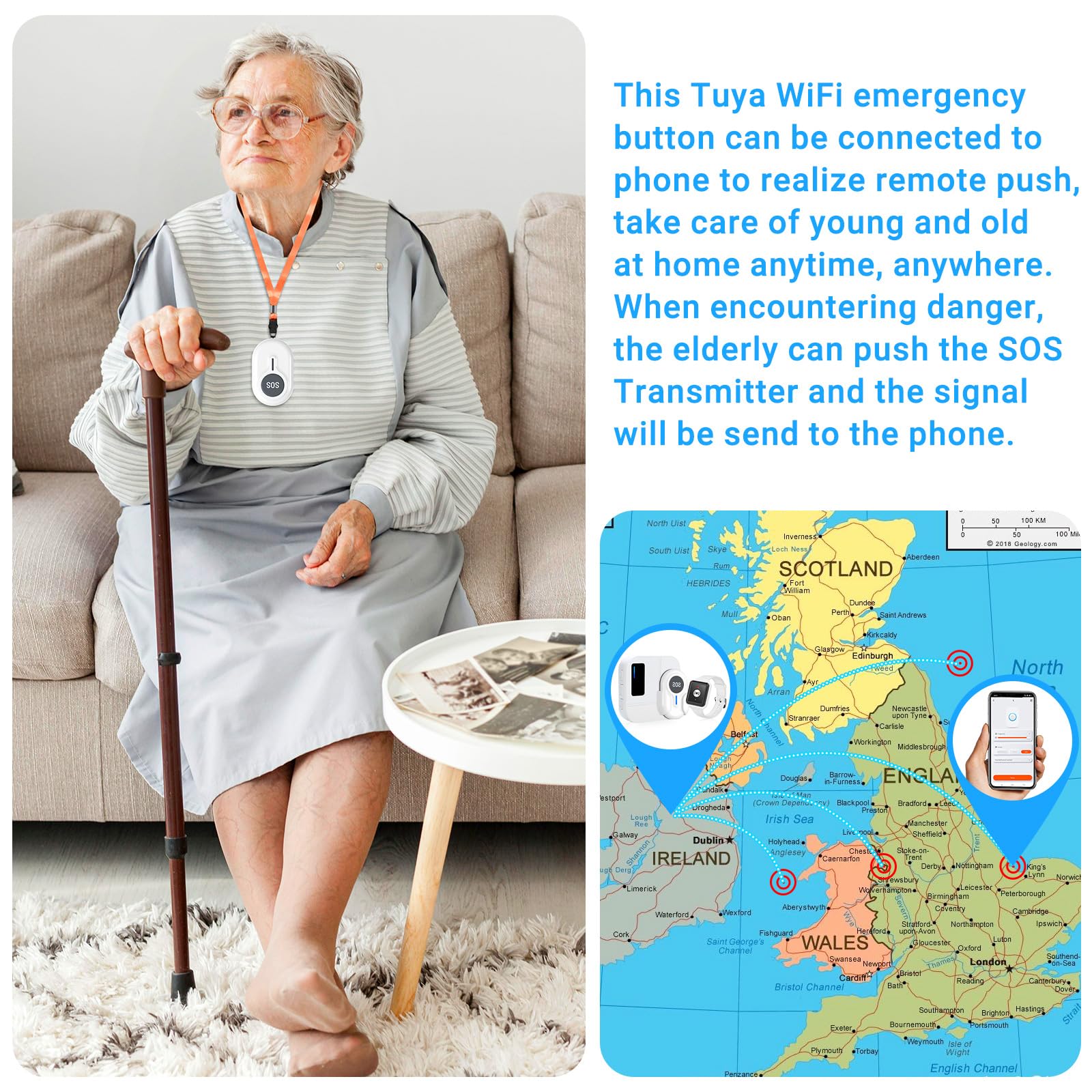 CallTou Smart Wrist Alarm for Elderly – Wireless SOS Panic Button with Tuya WiFi, Rechargeable Call Button & Phone Alerts(复制) CallToU