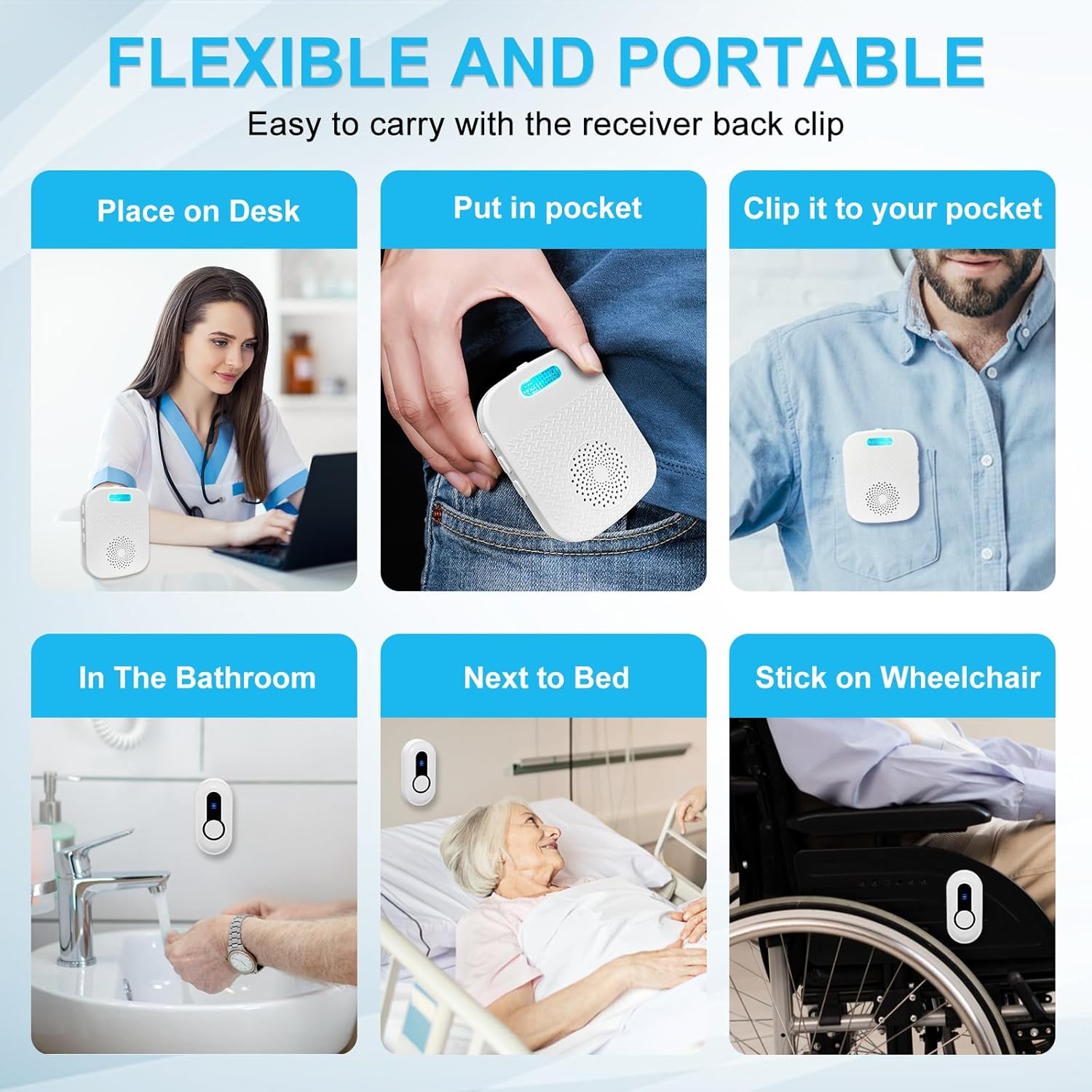 Caregiver Call Button Beeper Pager System Rechargeable & Portable Receiver with 500Ft Range Alert Button Call Bell for Elderly/Patient/Disabled at Home/Hospital/Clinic CallToU