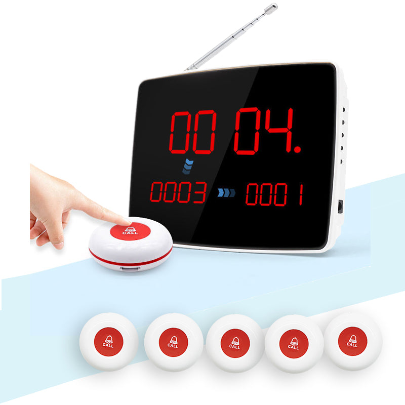 Revolucione su servicio con el sistema de llamada para restaurantes Daytech: buscapersonas con alcance de 500 m, 1 pantalla y 5 botones de llamada, perfecto para restaurantes, cafeterías, hospitales y residencias de ancianos.