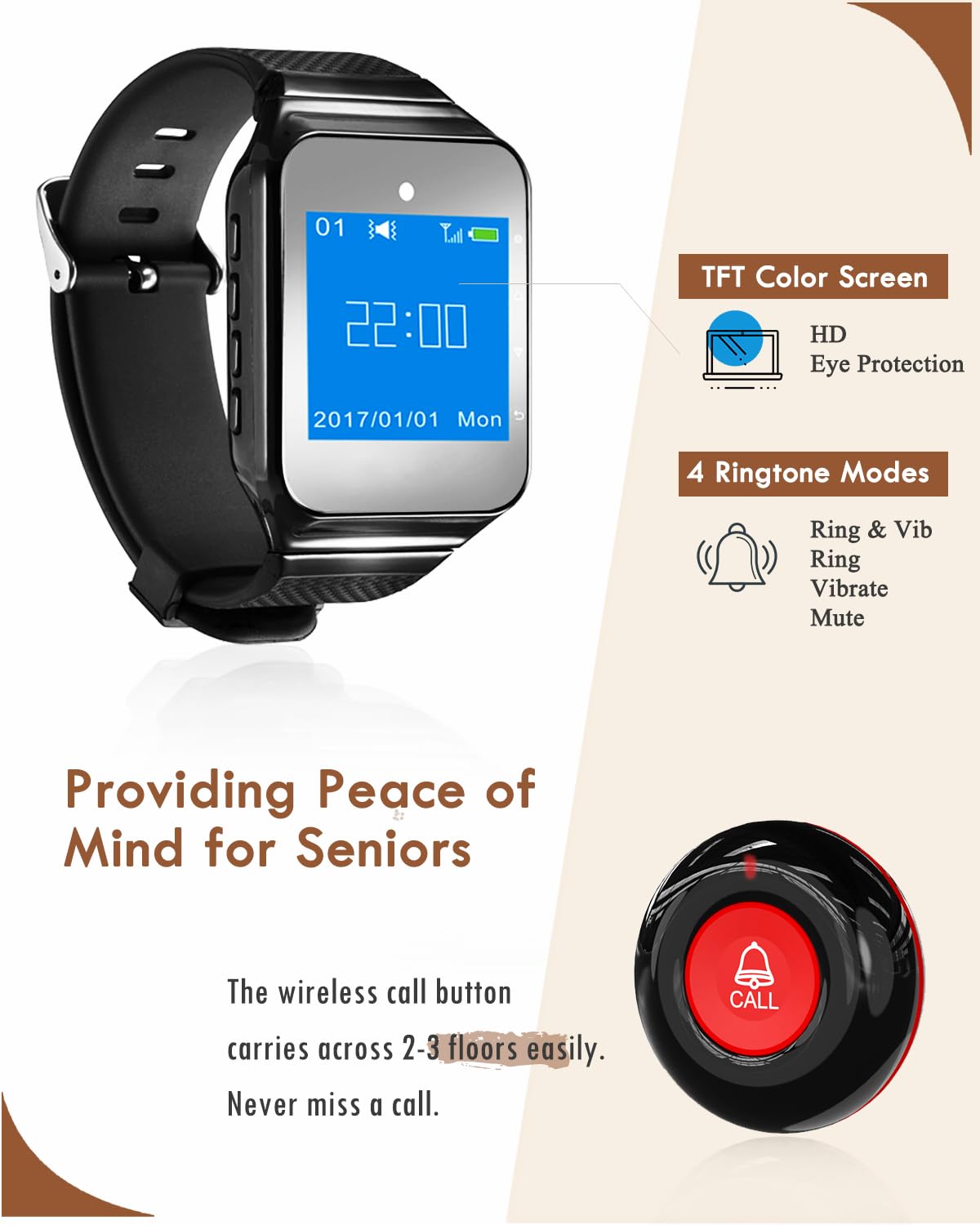 Daytech Medical Alert Watch – Restez connecté avec 4 alertes d'appel simultanées | Pas de frais mensuels | Option de portée étendue disponible