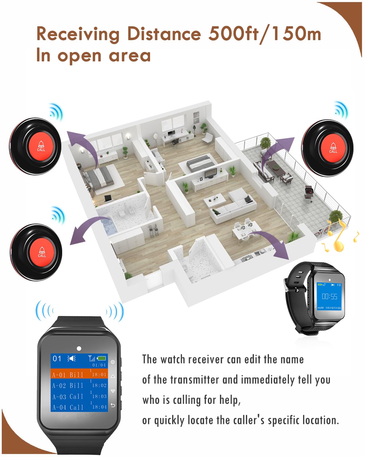 Mejore el servicio al cliente con el sistema de buscapersonas inalámbrico Daytech para restaurantes: 1 receptor con pantalla, 1 receptor con reloj y 10 botones de llamada impermeables.