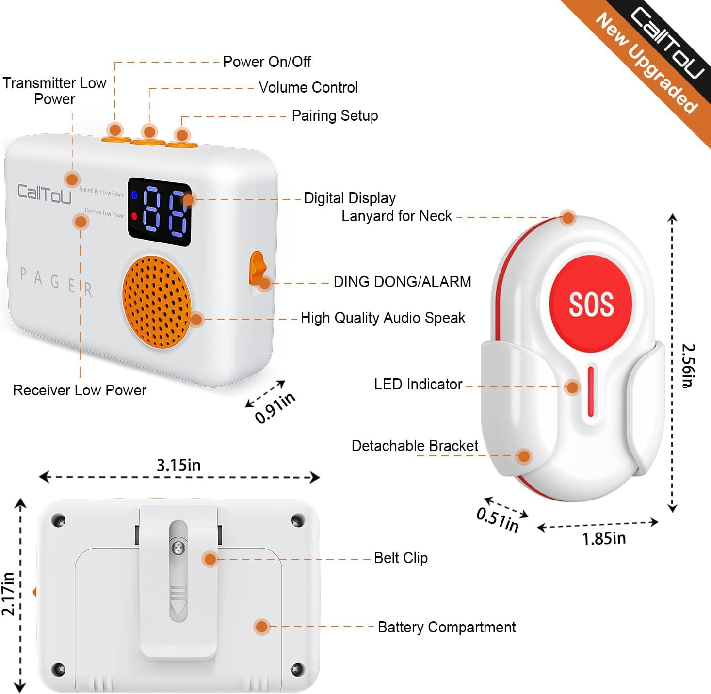 CallToU Caregiver Pager Wireless Vibration Call Bell Nurse Call System - 1000FT Range for Home, Elderly, Patient, and Disabled Care Low Power Reminder 的副本 CallToU