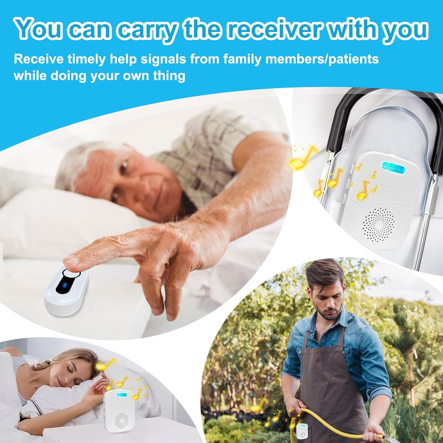 Caregiver Call Button Beeper Pager System Rechargeable & Portable Receiver with 500Ft Range Alert Button Call Bell for Elderly/Patient/Disabled at Home/Hospital/Clinic CallToU