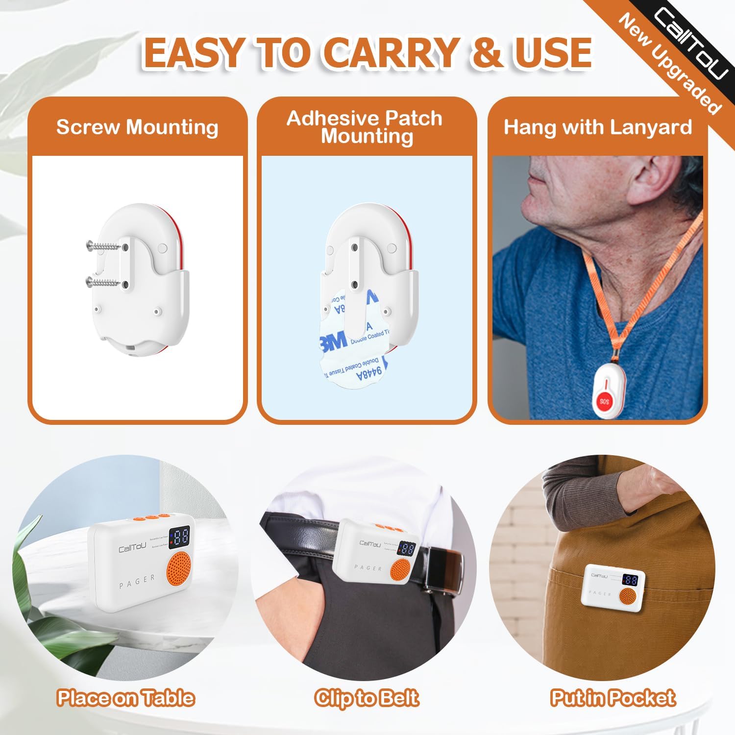 CallToU Caregiver Pager Wireless Vibration Call Bell Nurse Call System - 1000FT Range for Home, Elderly, Patient, and Disabled Care Low Power Reminder 的副本 CallToU