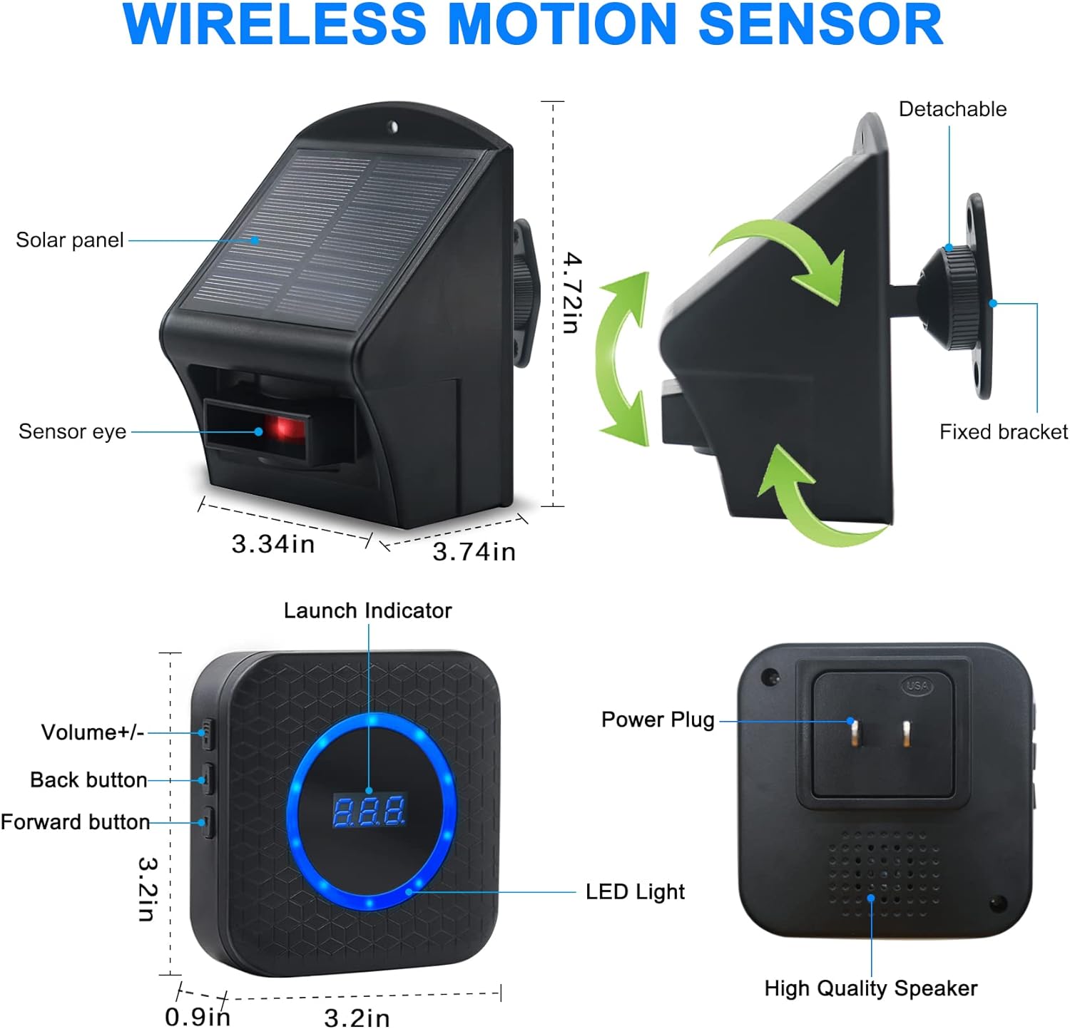 Daytech Solar Driveway Alarm System, Long Range PIR Motion Sensor Waterproof Wireless Security Alert System with Door Open Chime for Home/Office (1 Sensor + 1 Receiver)