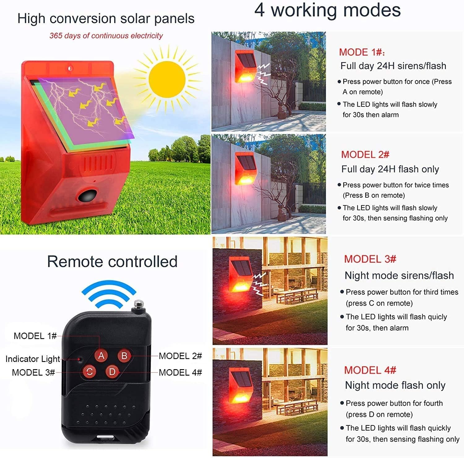 CallToU Solar Strobe Light with Remote Controller Motion Detector Outdoor Alarm Light 129db Sound Security Siren Light IP65 Waterproof Protected for Your Home Villa Baren Farm Yard 2 Pack CallToU