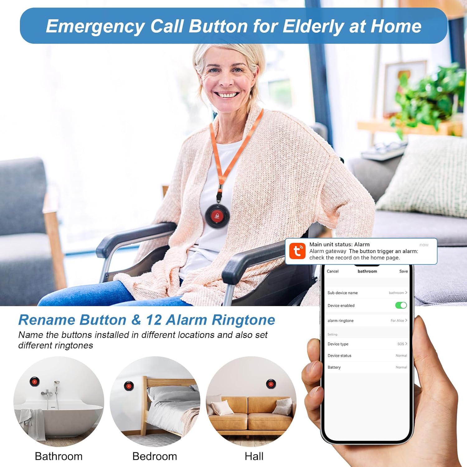 Daytech WiFi Caregiver Pager Call Button Life Alert Systems for Seniors No Monthly Fee Emergency Button for Elderly Patient Disabled
