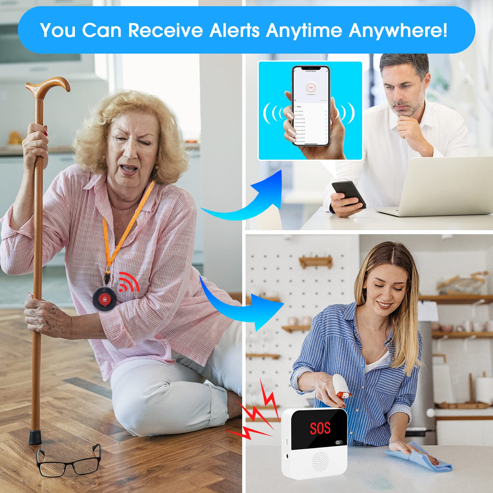 CallToU WiFi Smart Wireless Caregiver Pager Call Button System Emergency Alert System Fall Alert Device for Elderly Patient Seniors Disabled 1 Receiver CallToU