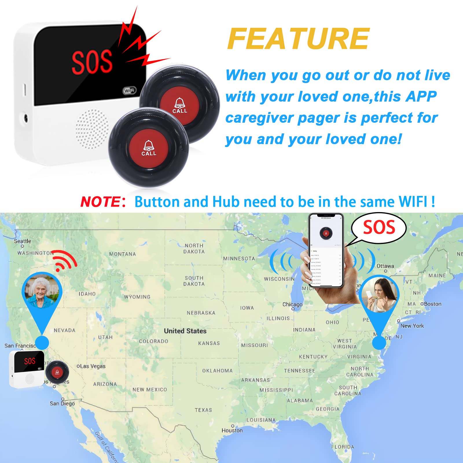 CallToU WiFi Smart Wireless Caregiver Pager Call Button System Emergency Alert System Fall Alert Device for Elderly Patient Seniors Disabled 1 Receiver CallToU