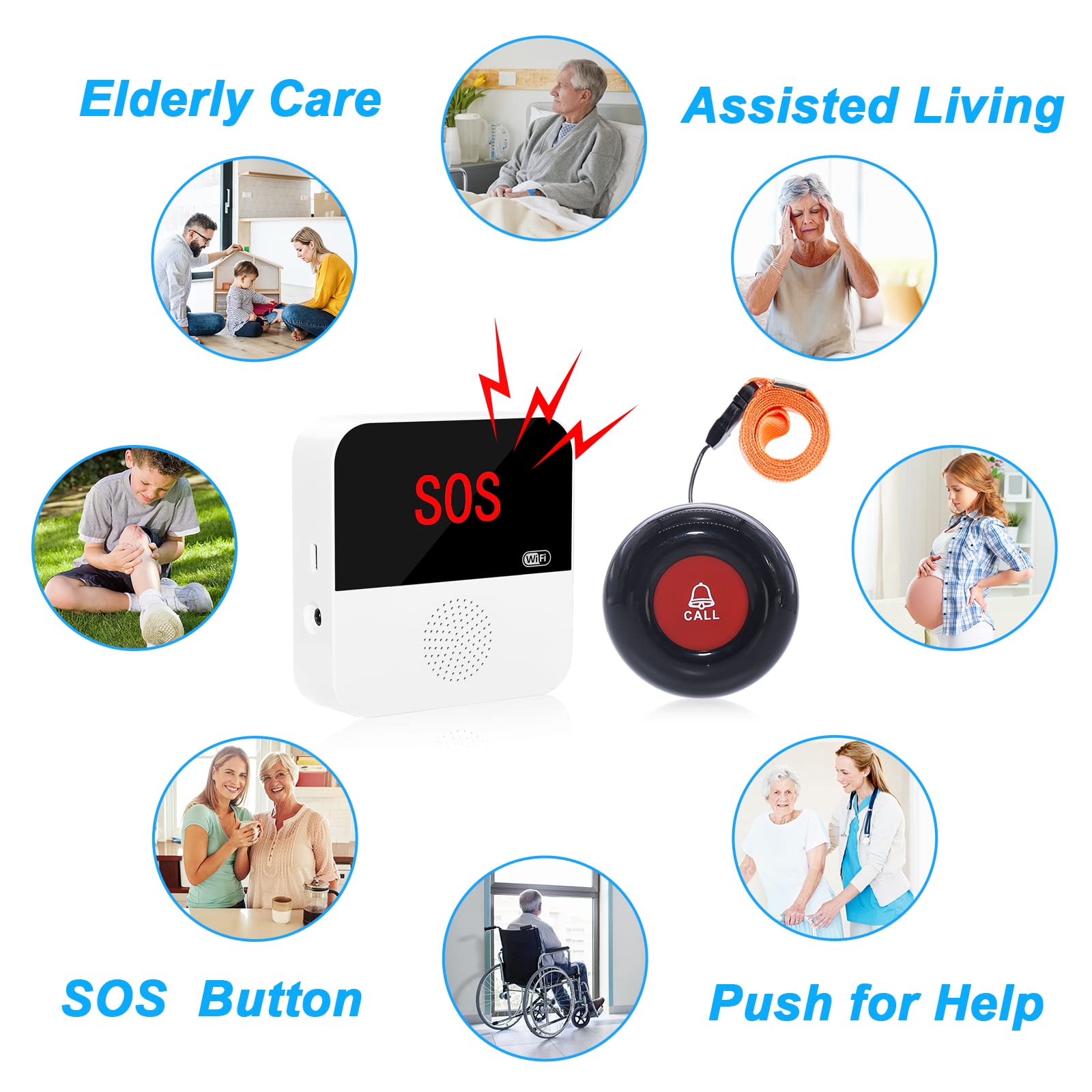 CallToU WiFi Smart Wireless Caregiver Pager Call Button System Emergency Alert System Fall Alert Device for Elderly Patient Seniors Disabled 1 Receiver CallToU