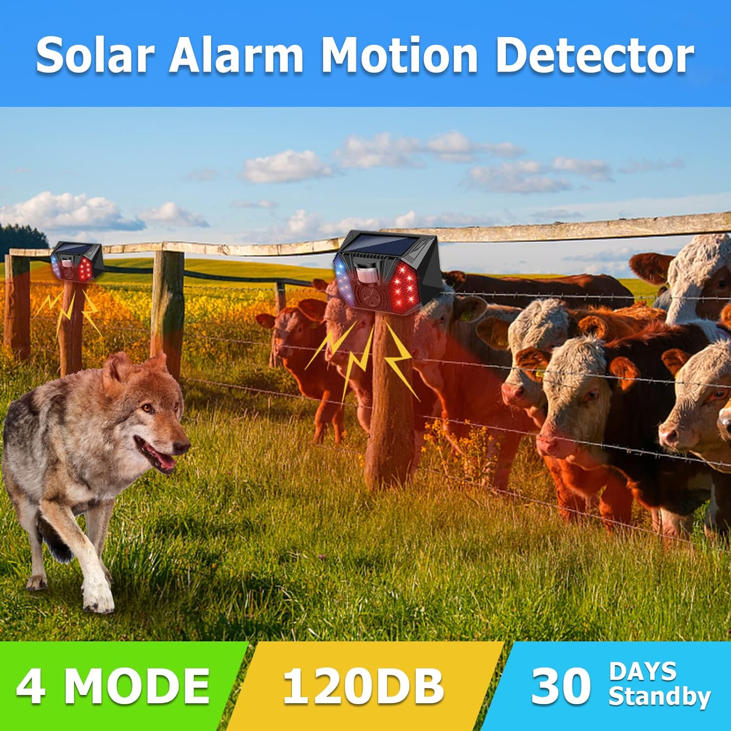 Daytech Solar Motion Sensor Alarms - 129db Security Siren, IP67 Waterproof, 4 Modes - Set of 2 for Home, Farm, Barn, Villa, Yard Protection